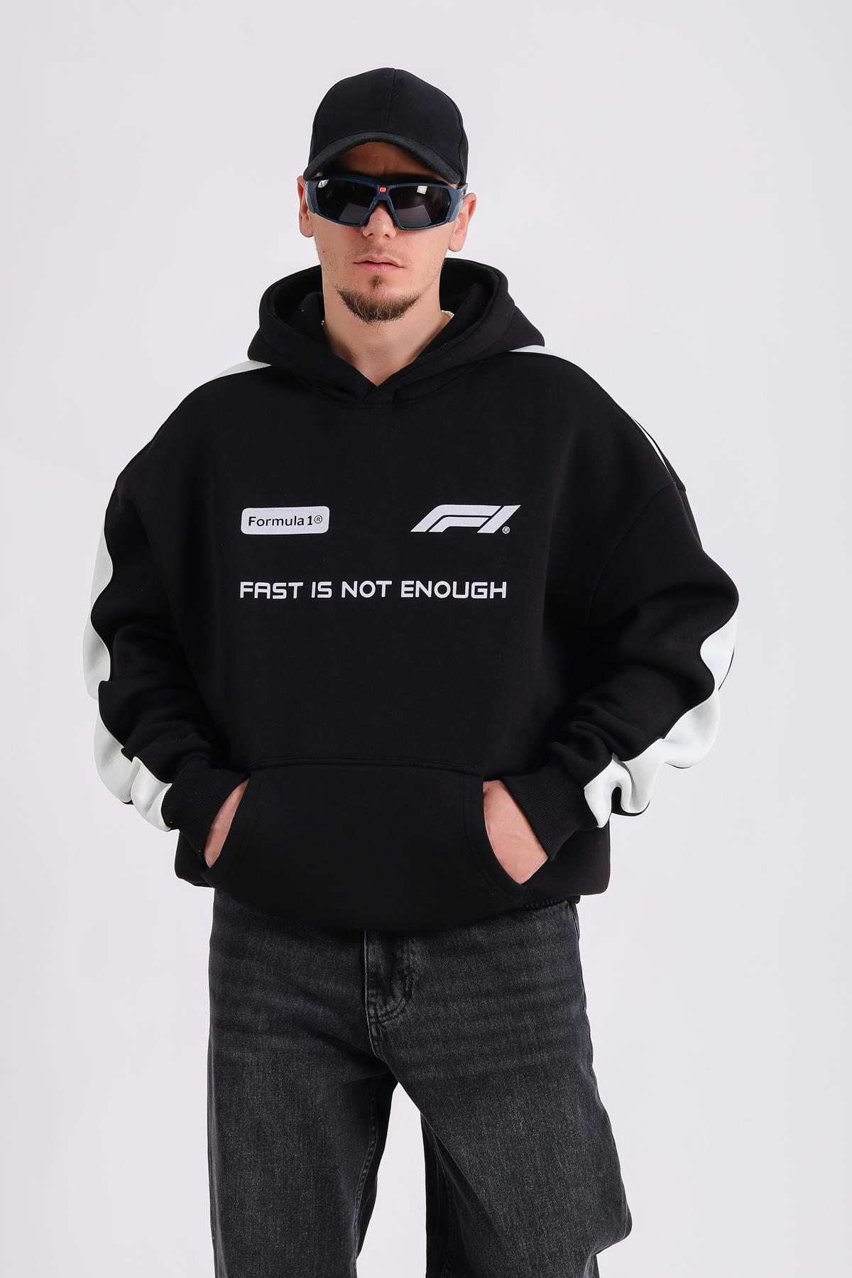 Formula Baskılı Siyah Oversize Hoodie SW1179