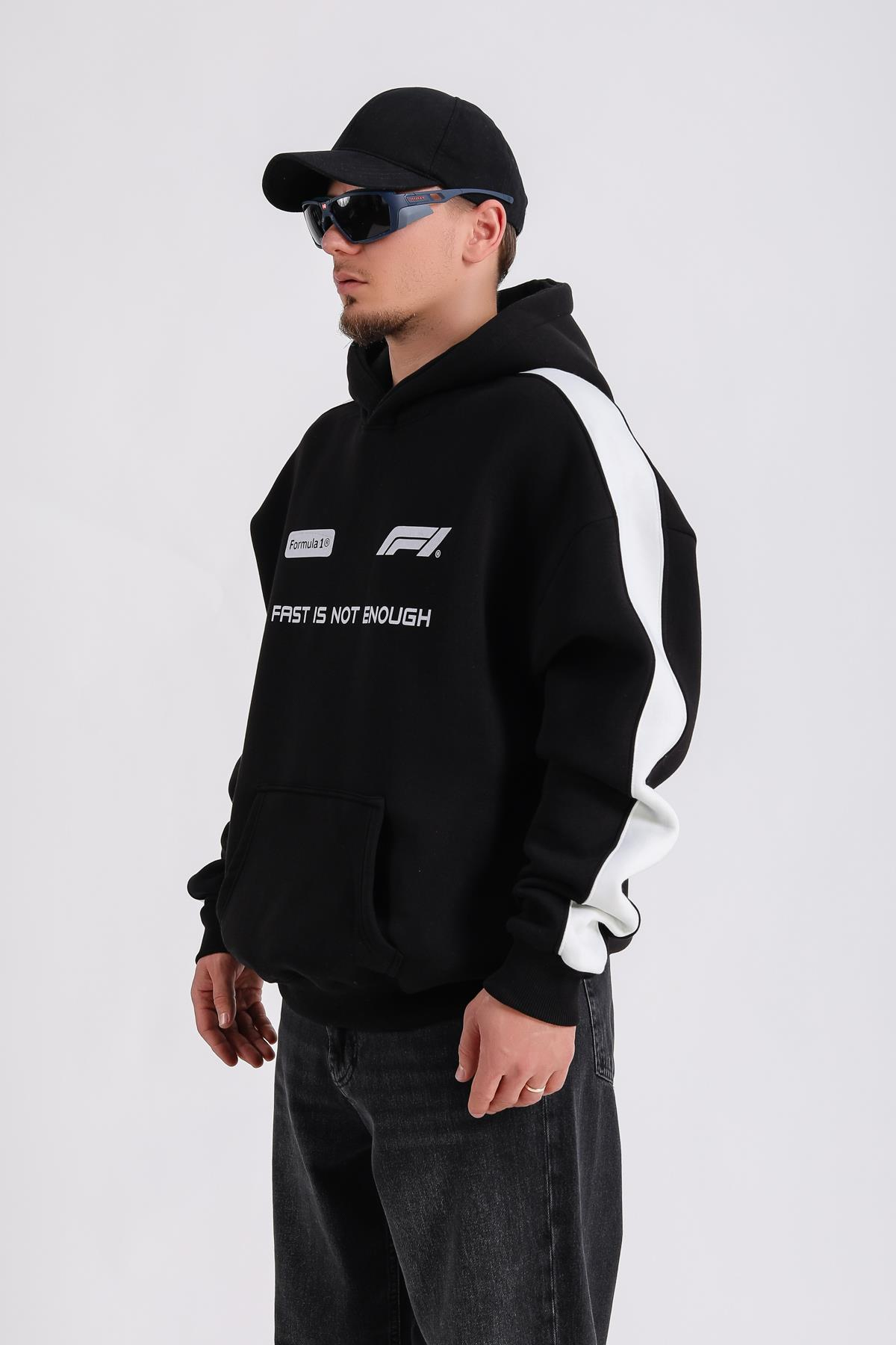Formula Baskılı Siyah Oversize Hoodie SW1179