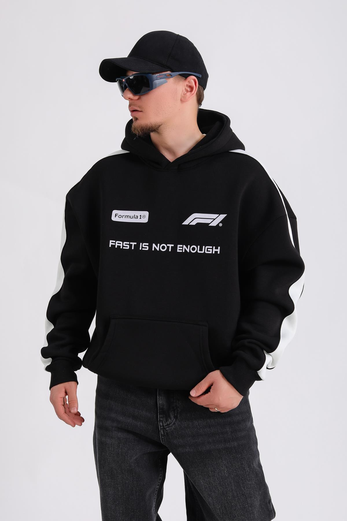 Formula Baskılı Siyah Oversize Hoodie SW1179
