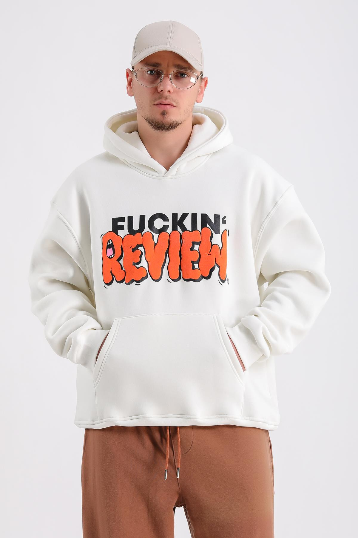 Fuckin Rv Baskılı Krem Oversize Sweatshirt SW1223