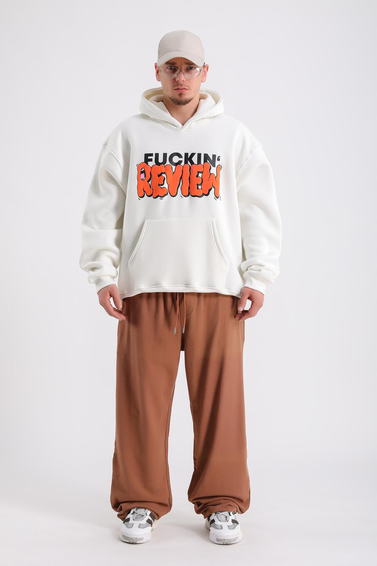 Fuckin Rv Baskılı Krem Oversize Sweatshirt SW1223