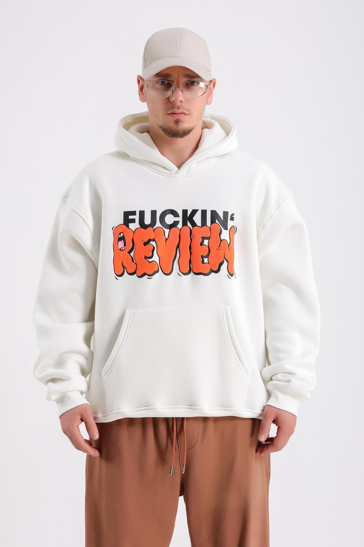 Fuckin Rv Baskılı Krem Oversize Sweatshirt SW1223