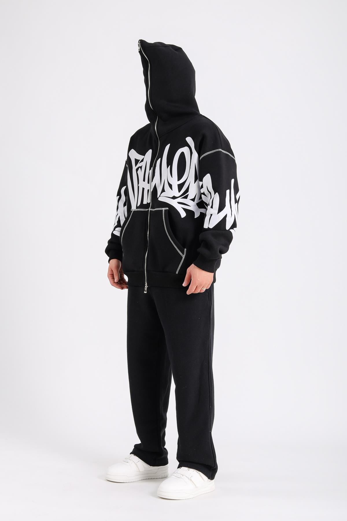 Fullzipp Baskılı Siyah Oversize Sweatshirt SW1214