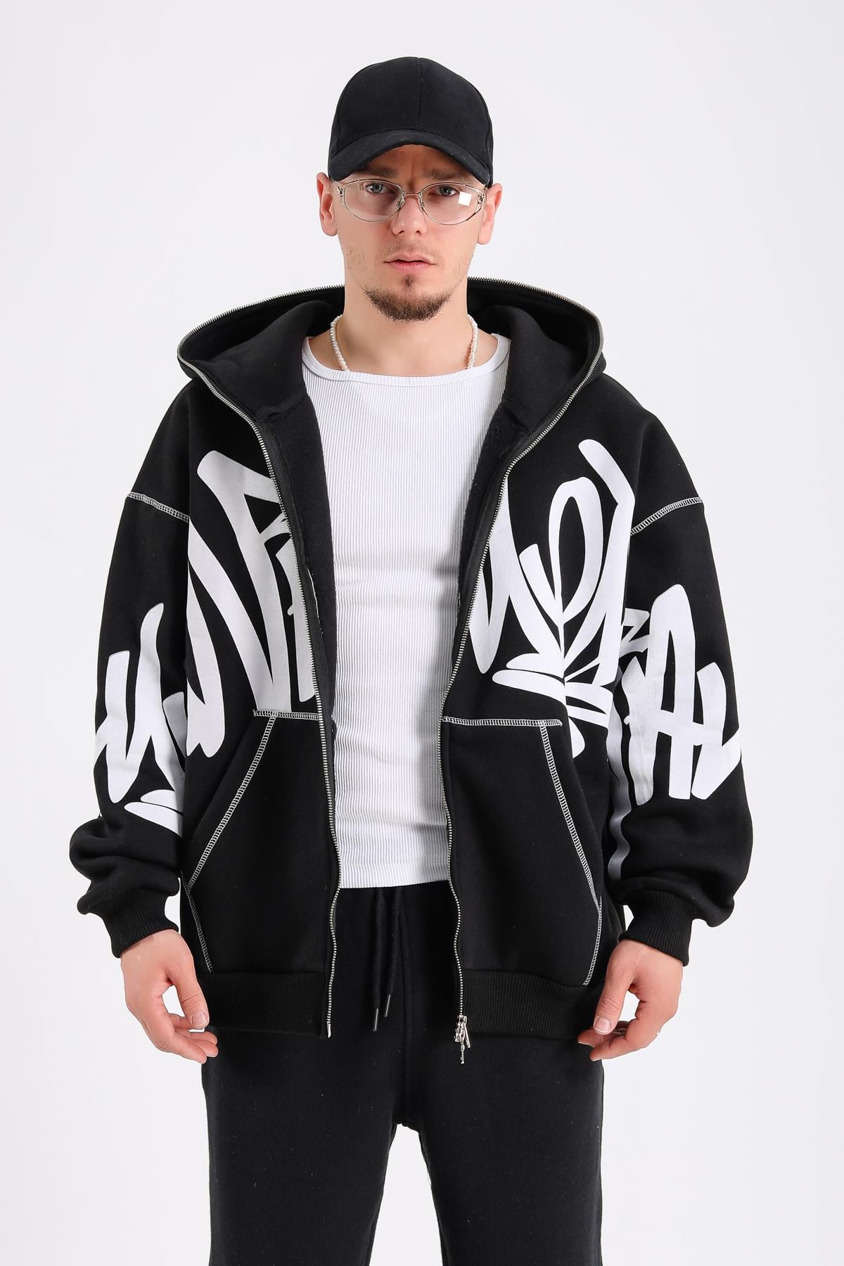 Fullzipp Baskılı Siyah Oversize Sweatshirt SW1214