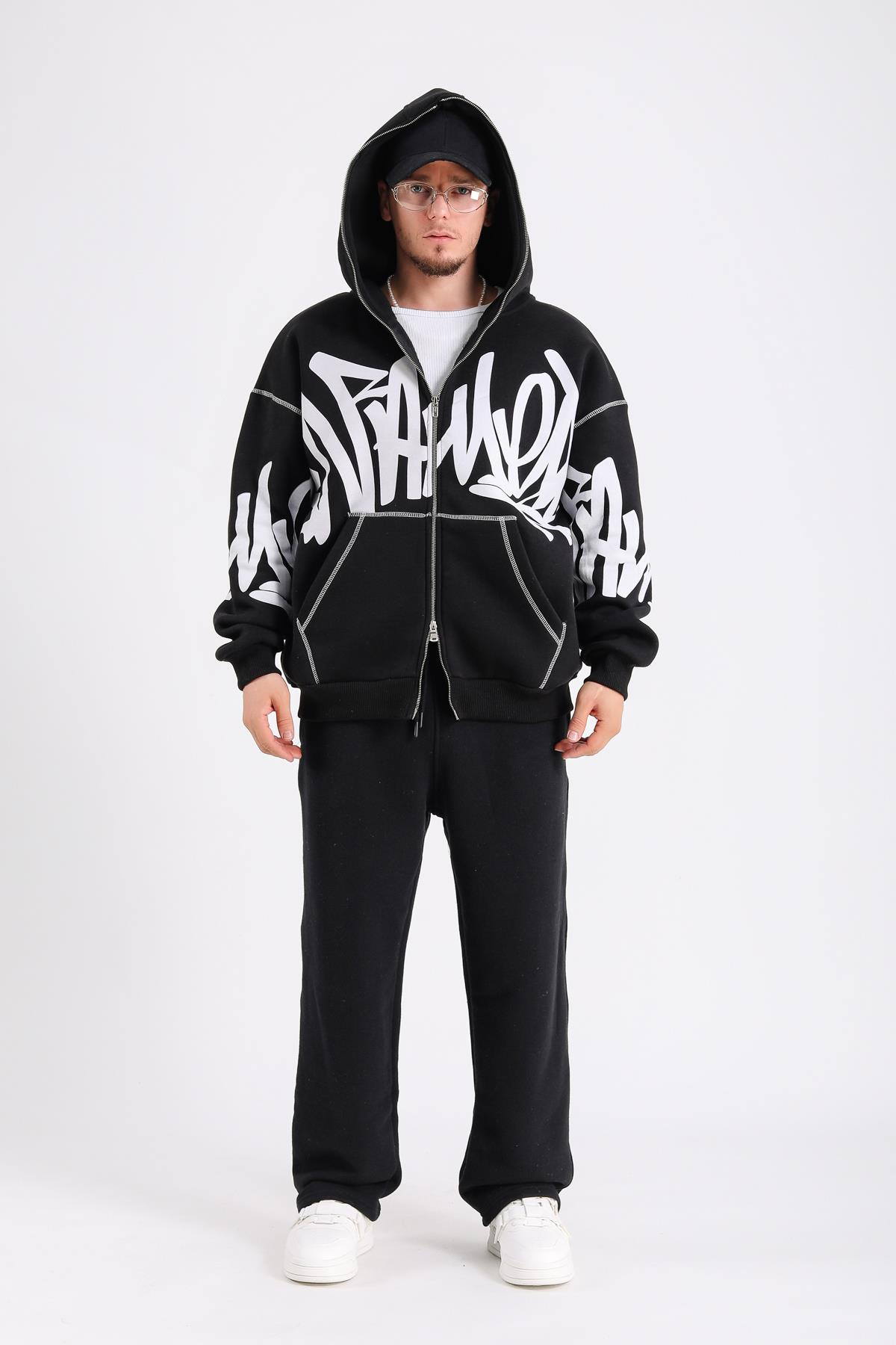 Fullzipp Baskılı Siyah Oversize Sweatshirt SW1214