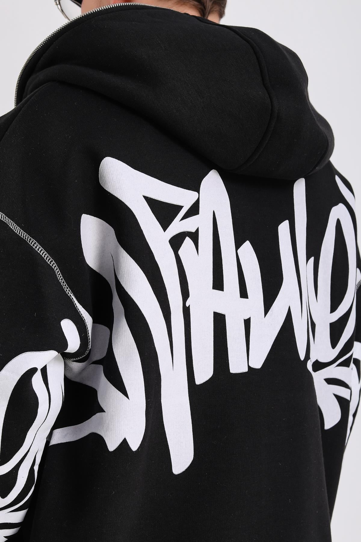 Fullzipp Baskılı Siyah Oversize Sweatshirt SW1214