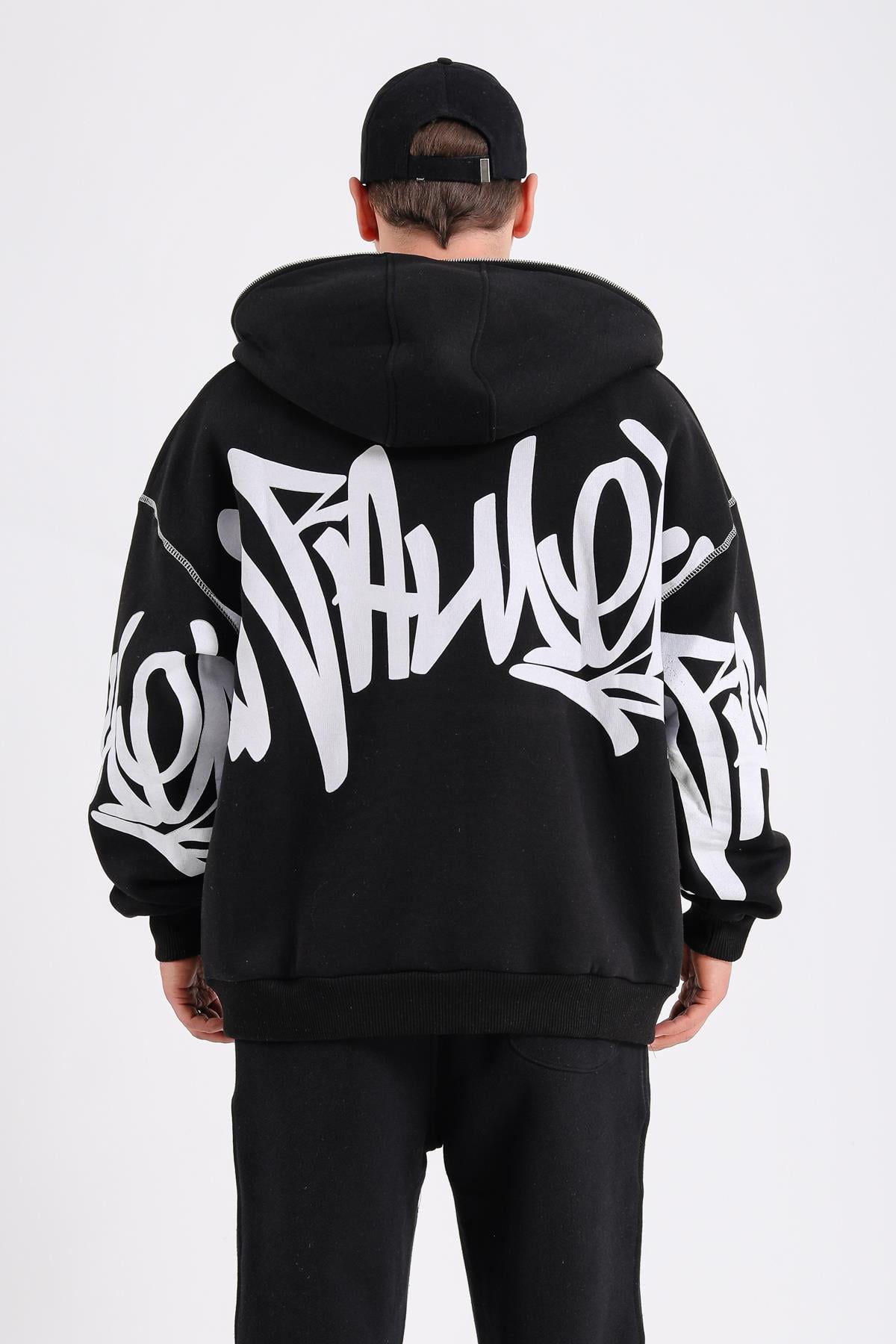Fullzipp Baskılı Siyah Oversize Sweatshirt SW1214