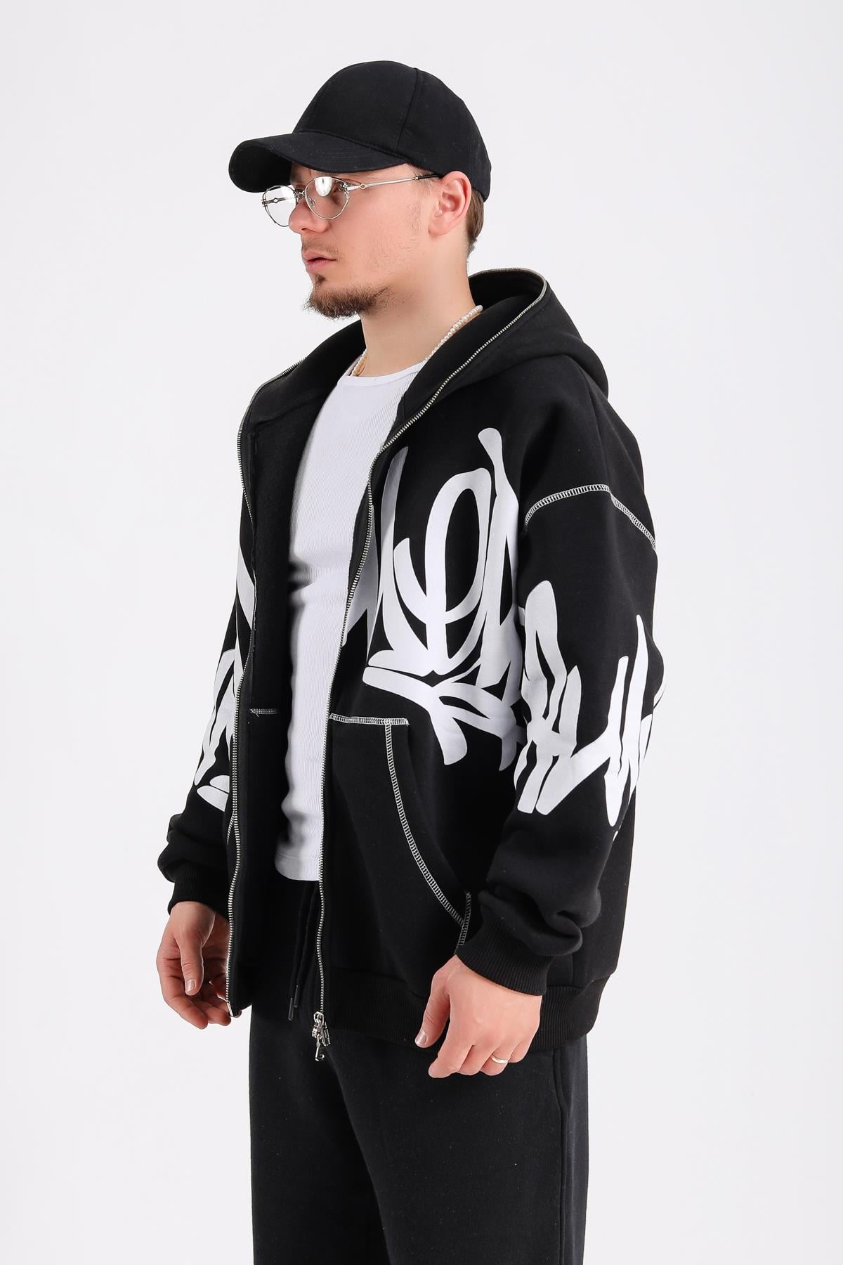 Fullzipp Baskılı Siyah Oversize Sweatshirt SW1214