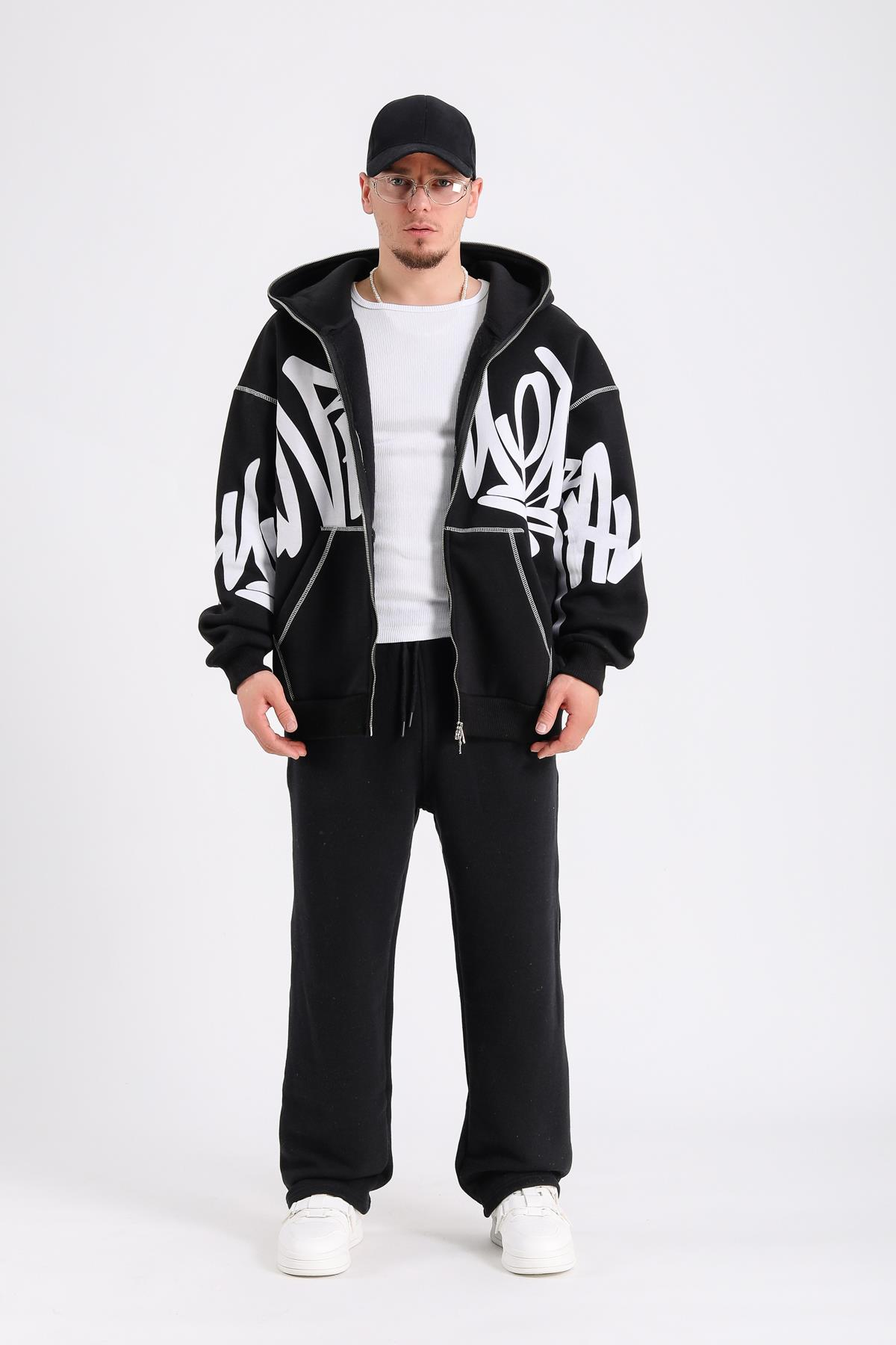 Fullzipp Baskılı Siyah Oversize Sweatshirt SW1214