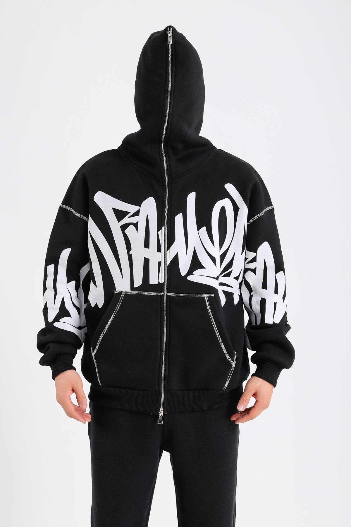 Fullzipp Baskılı Siyah Oversize Sweatshirt SW1214
