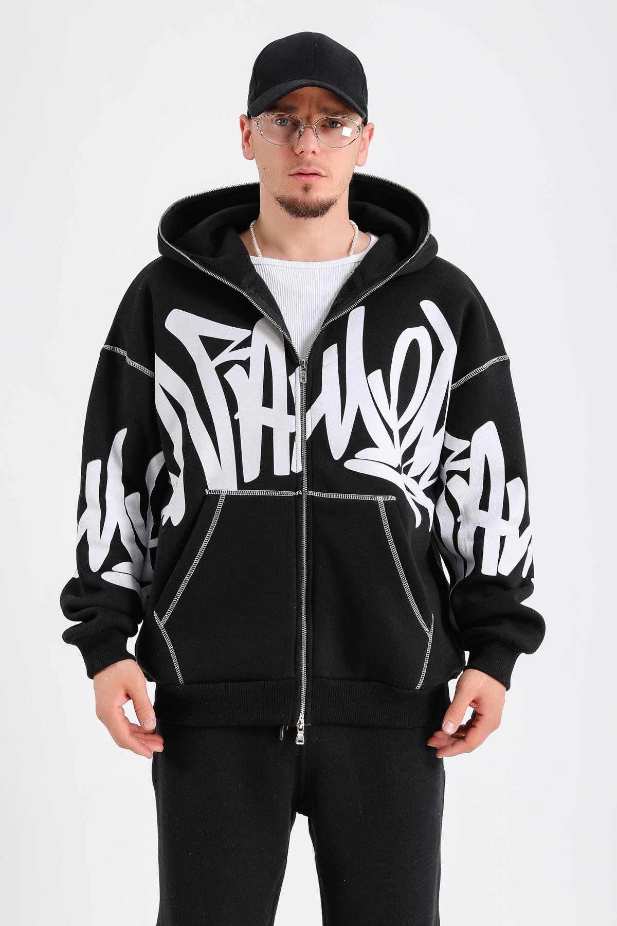 Fullzipp Baskılı Siyah Oversize Sweatshirt SW1214