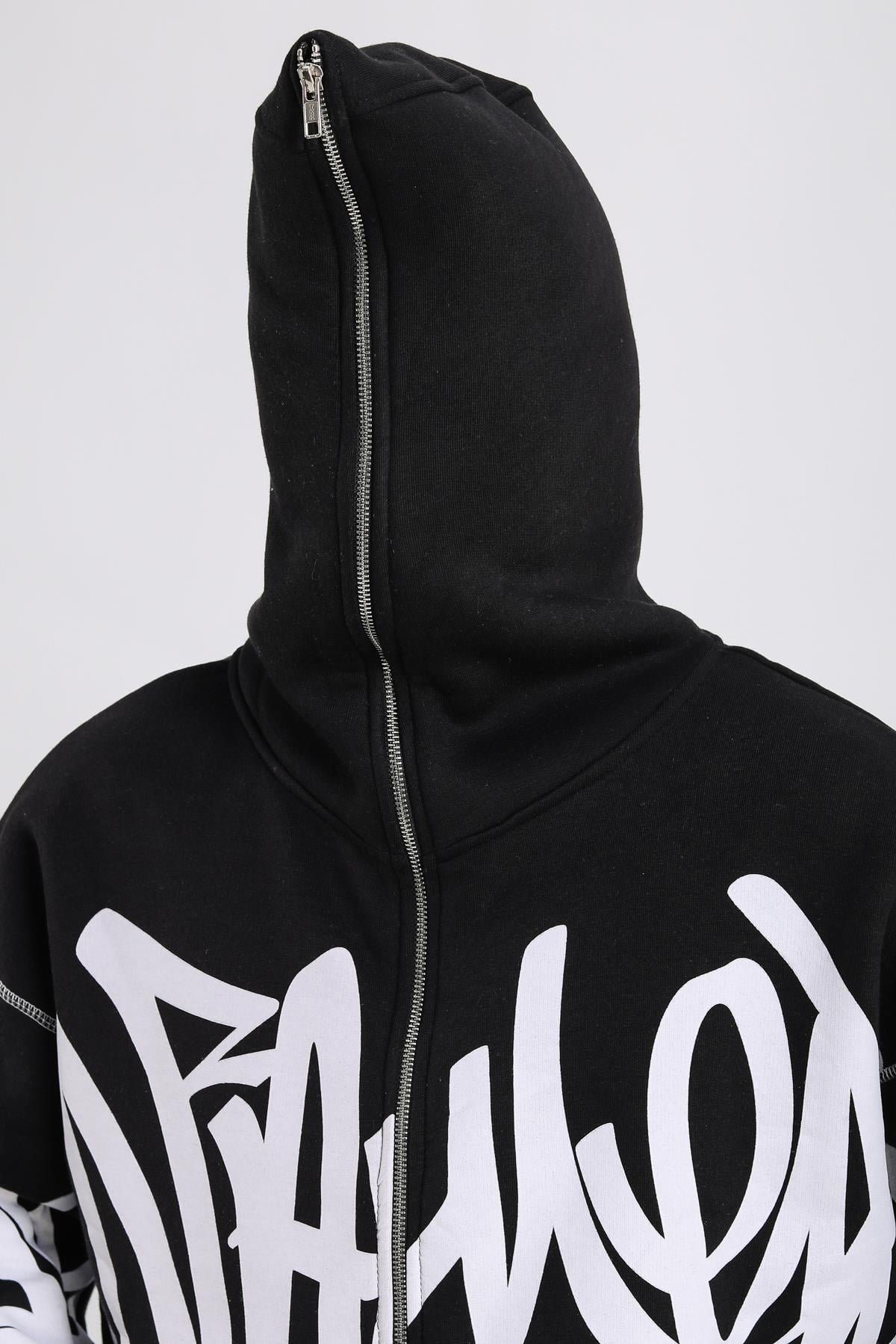 Fullzipp Baskılı Siyah Oversize Sweatshirt SW1214