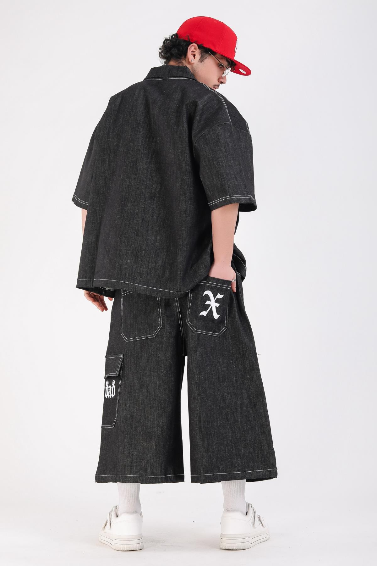 Füme Nakış Detay Oversize Jean Gömlek