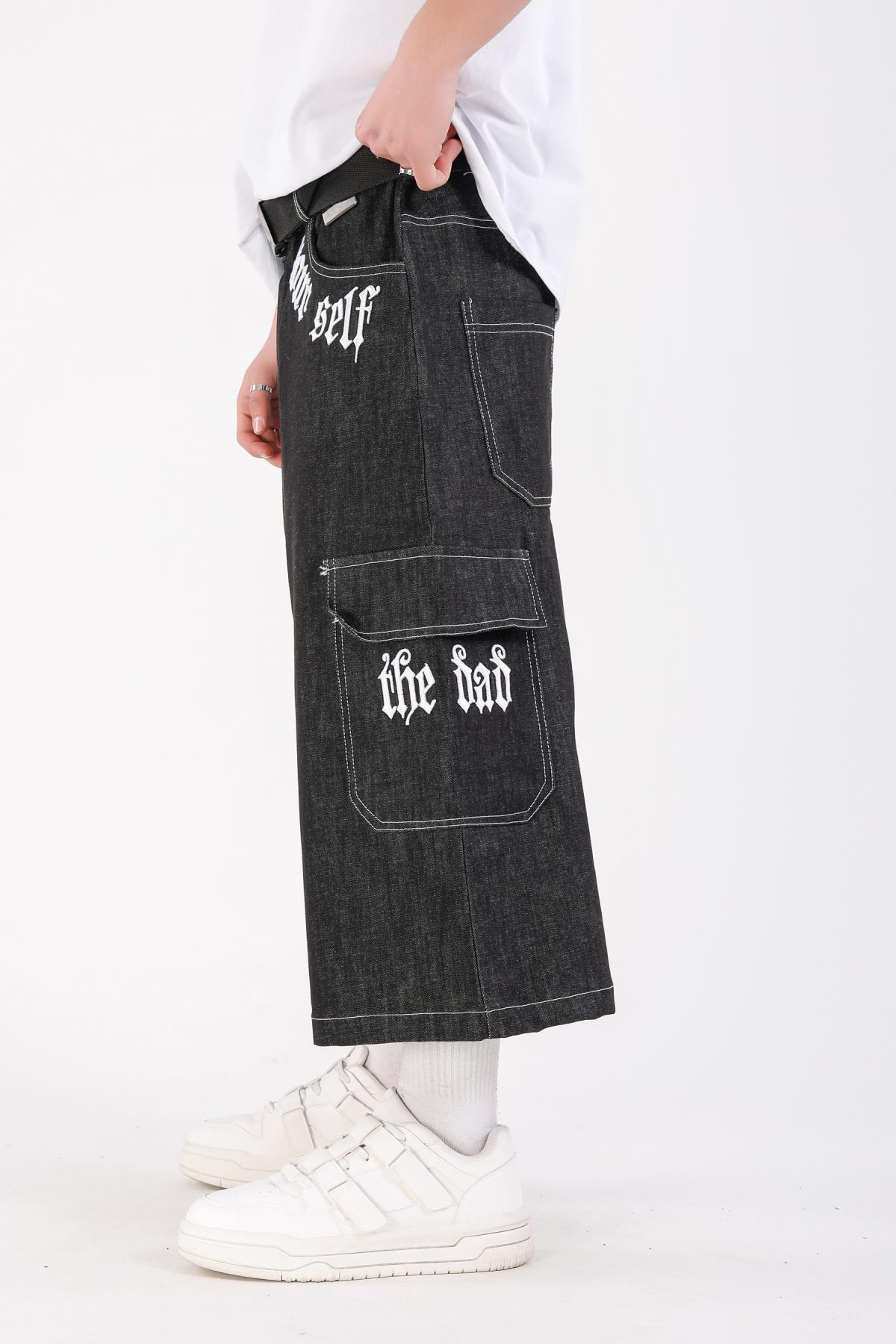 Füme Nakış Detay Oversize Jean Şort