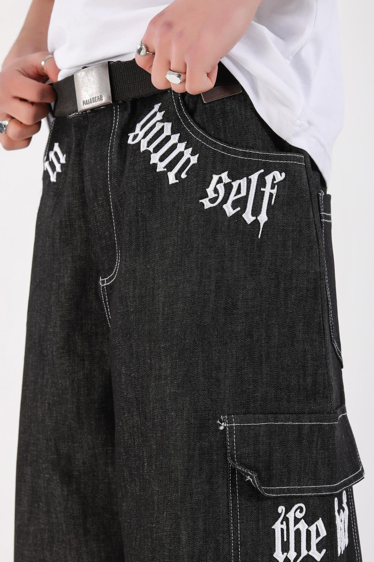 Füme Nakış Detay Oversize Jean Şort