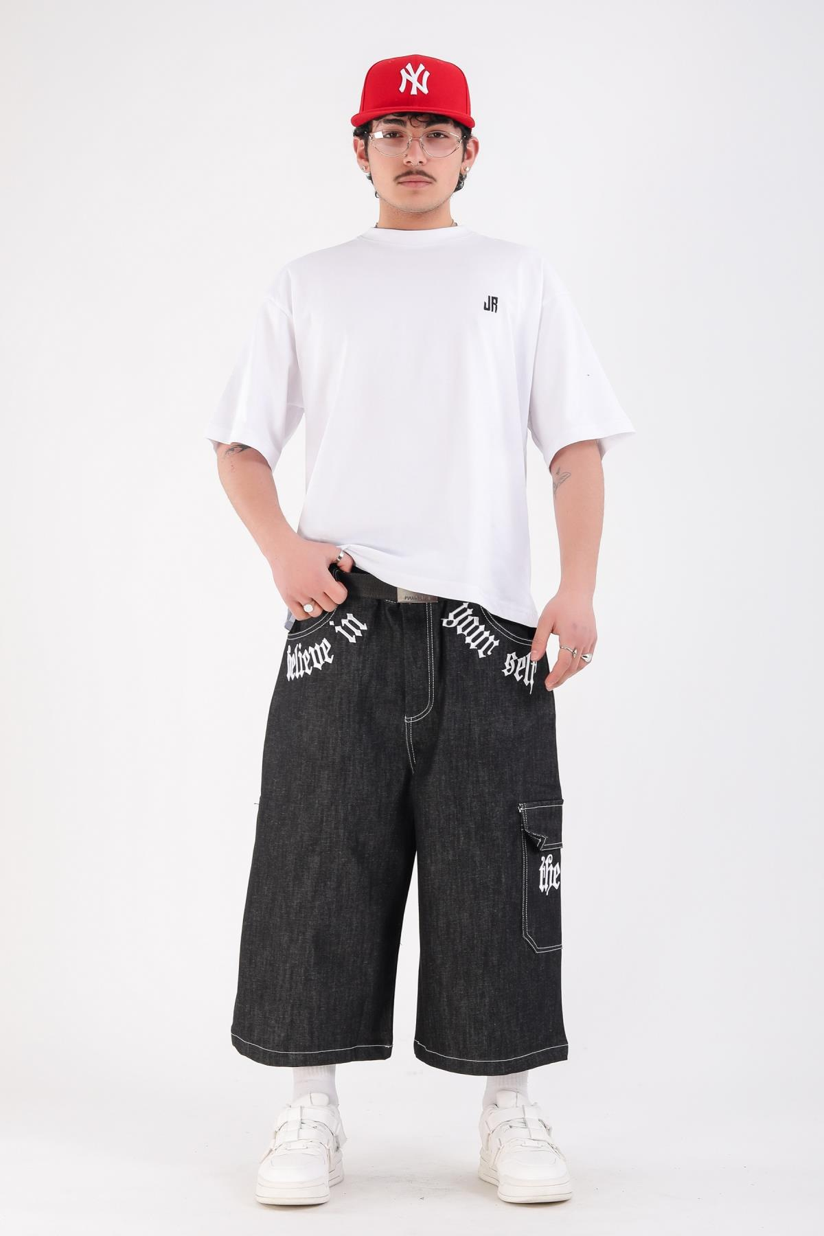 Füme Nakış Detay Oversize Jean Şort