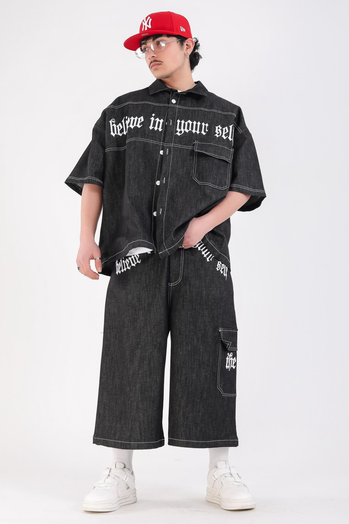 Füme Nakış Detay Oversize Jean Şort