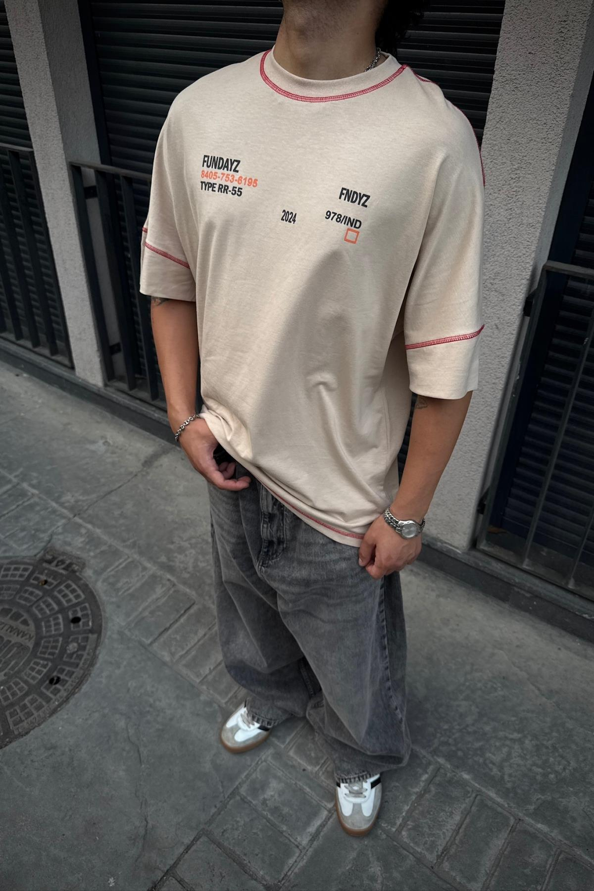 Fundayz Bej Kontrast Dikiş Oversize Tshirt T900