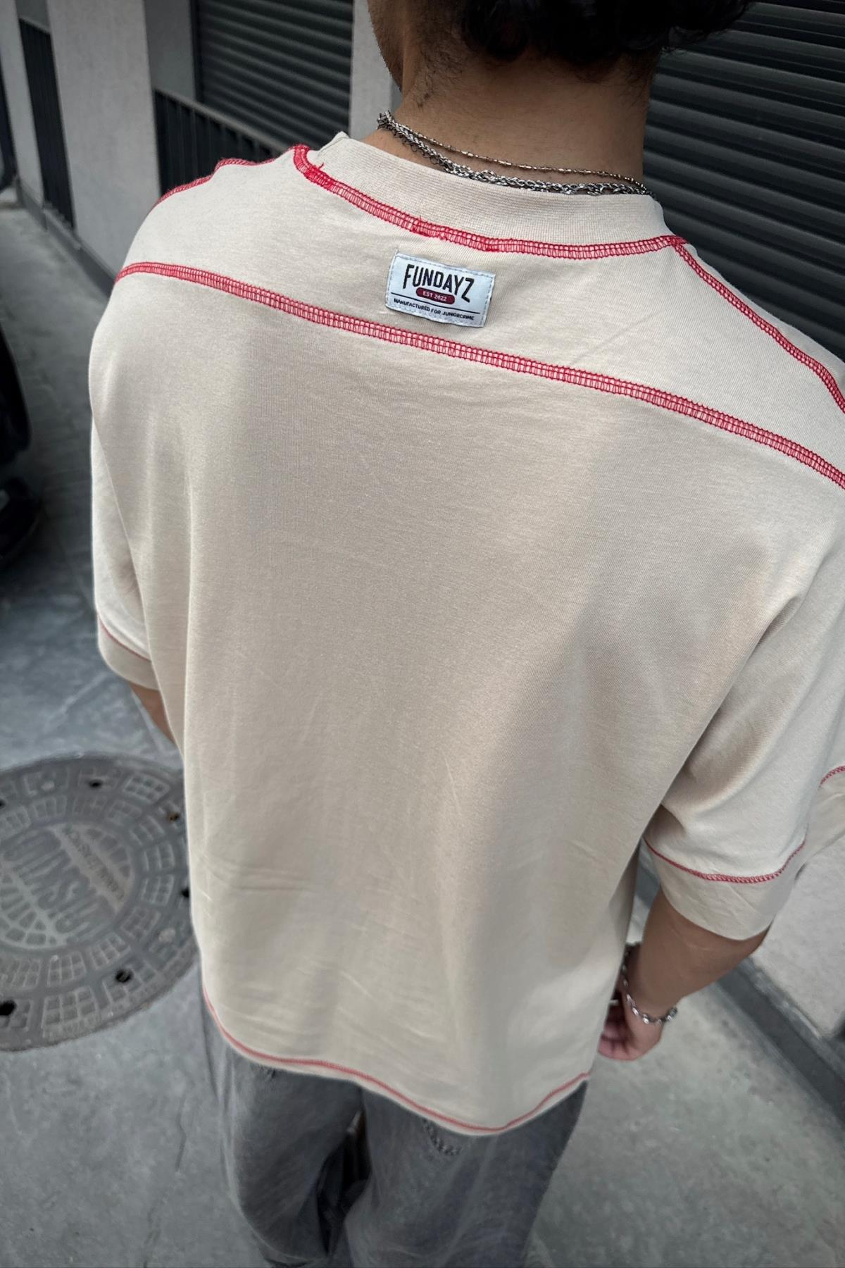 Fundayz Bej Kontrast Dikiş Oversize Tshirt T900