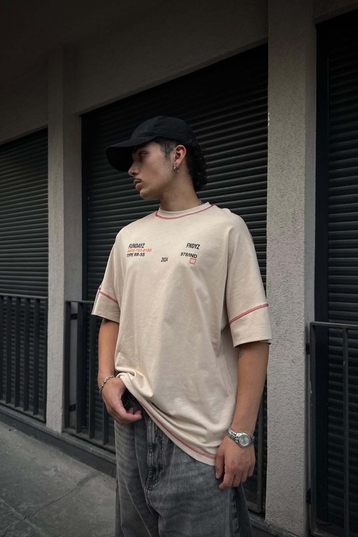 Fundayz Bej Kontrast Dikiş Oversize Tshirt T900