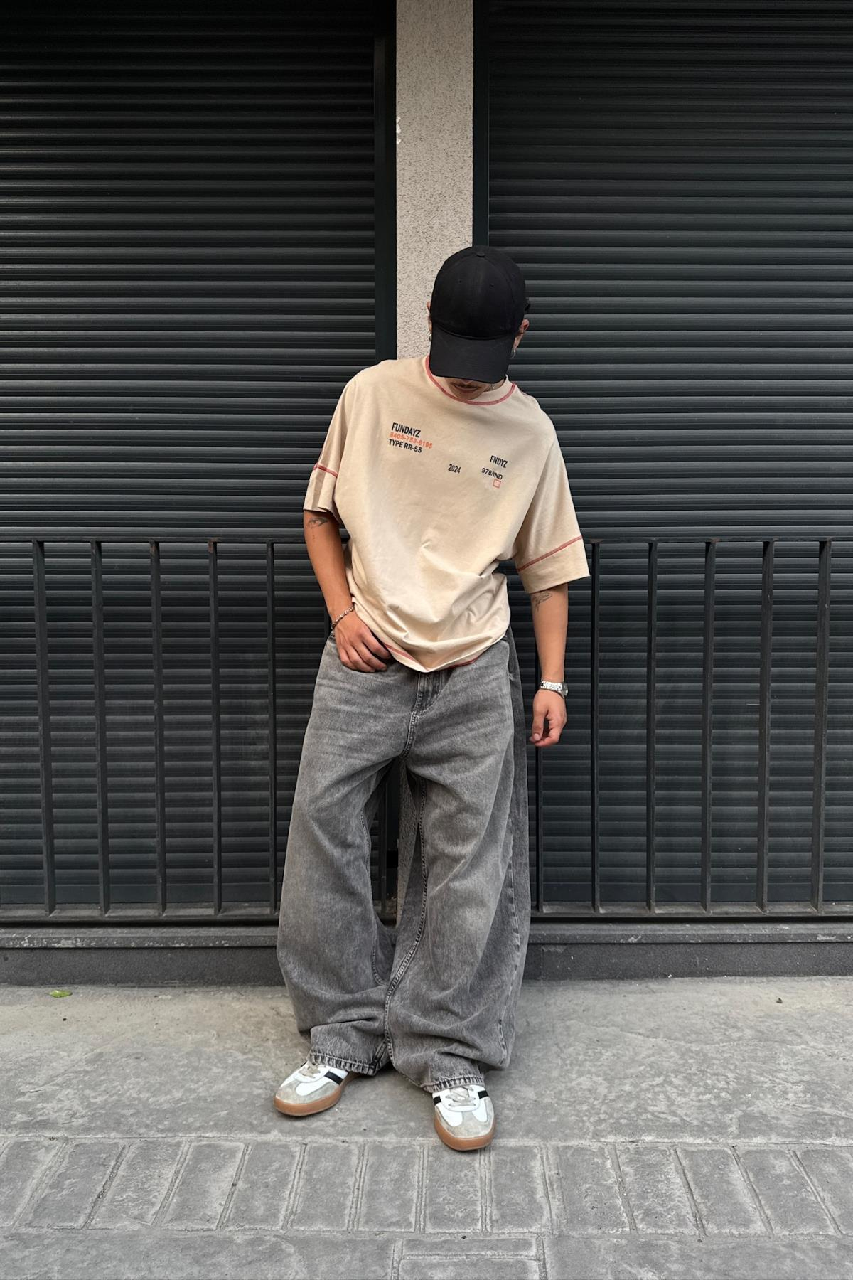Fundayz Bej Kontrast Dikiş Oversize Tshirt T900
