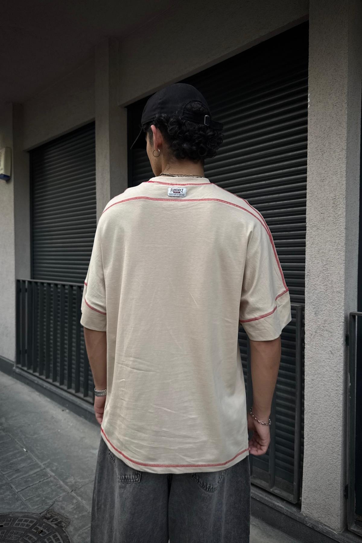 Fundayz Bej Kontrast Dikiş Oversize Tshirt T900