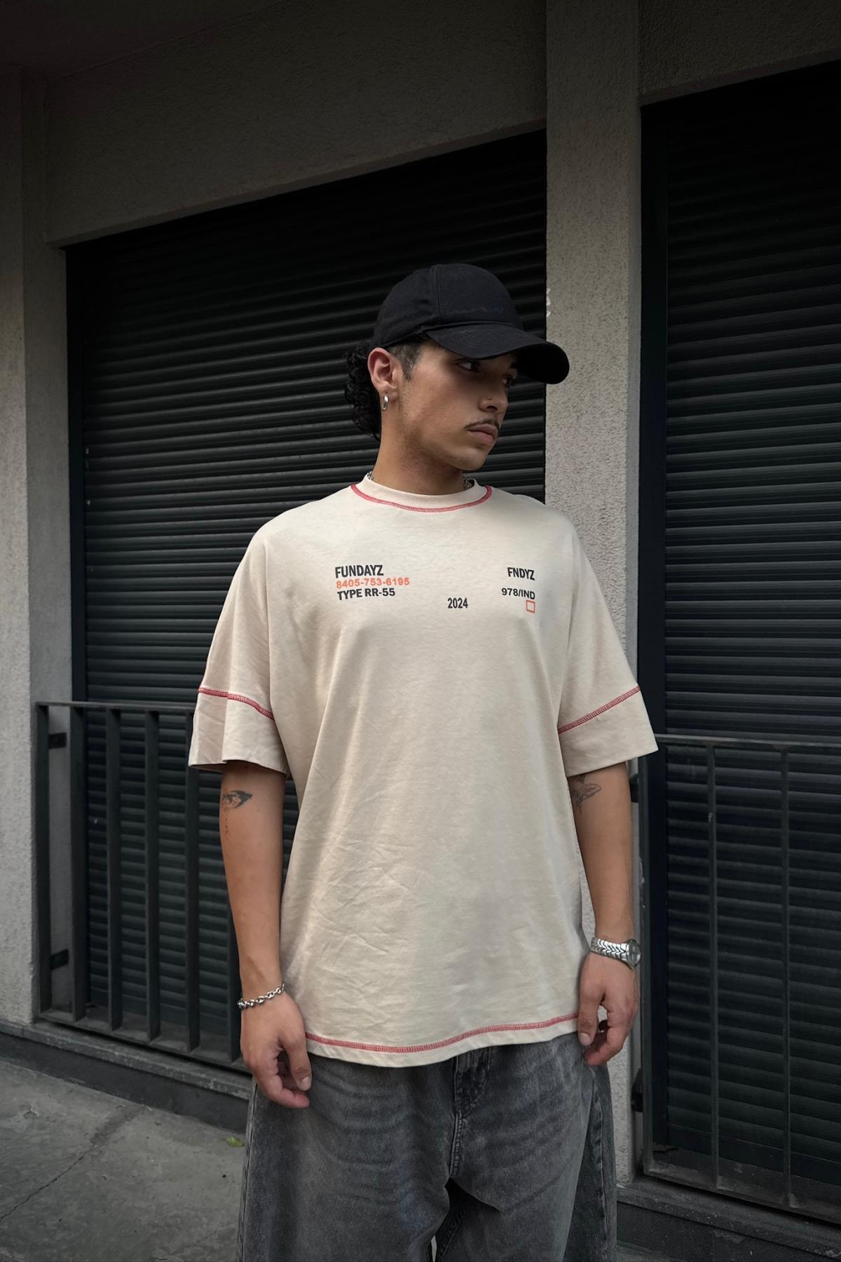 Fundayz Bej Kontrast Dikiş Oversize Tshirt T900