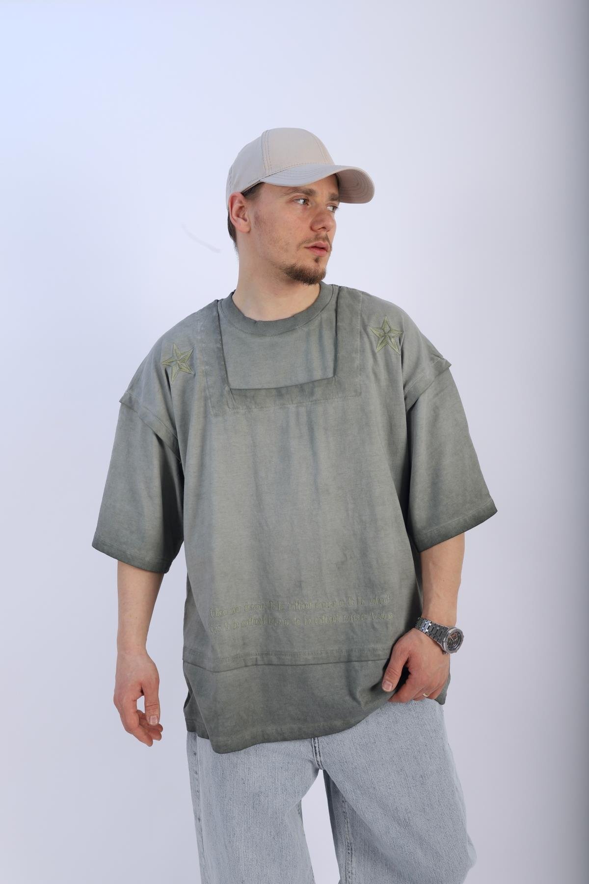 Fundayz Nakışlı Acid Wash Yeşil Oversize Tshirt T940