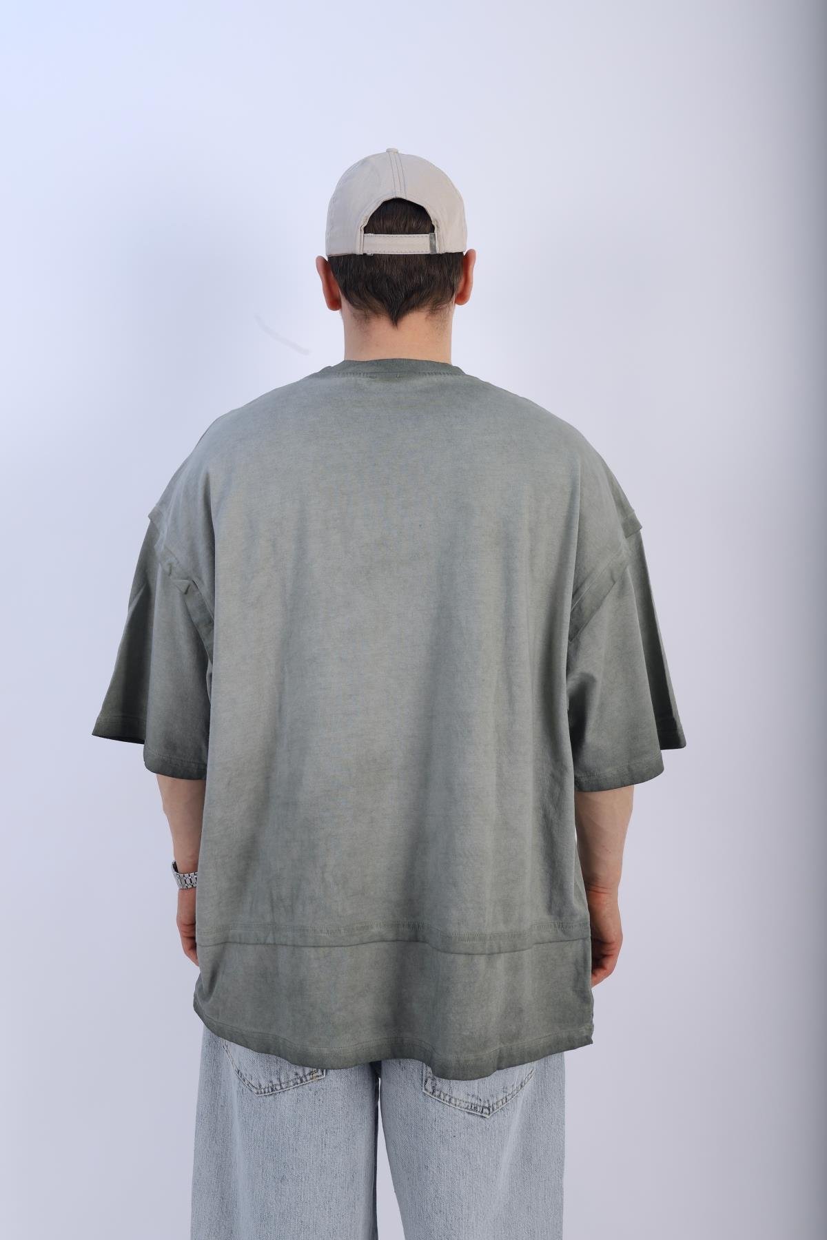 Fundayz Nakışlı Acid Wash Yeşil Oversize Tshirt T940