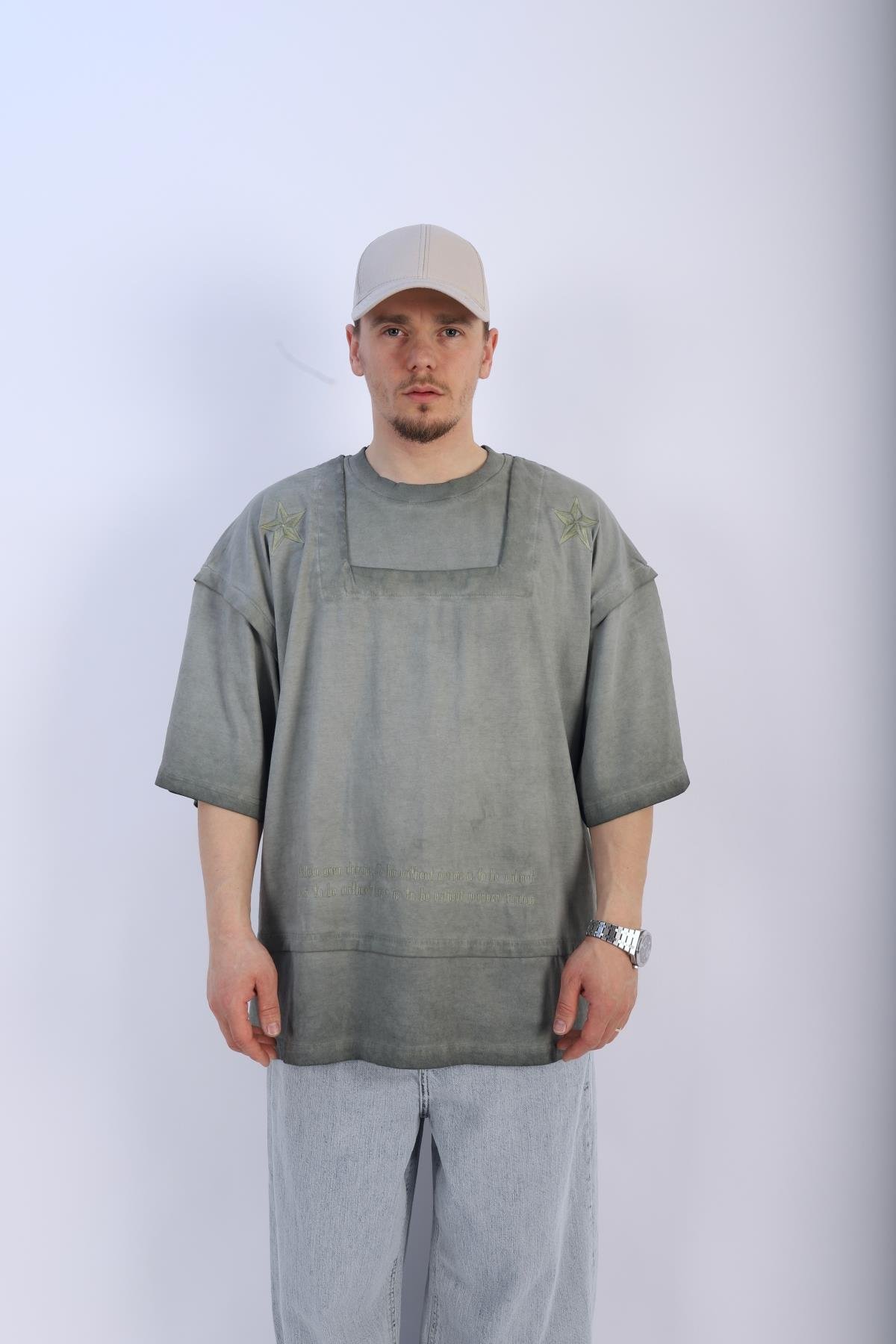 Fundayz Nakışlı Acid Wash Yeşil Oversize Tshirt T940