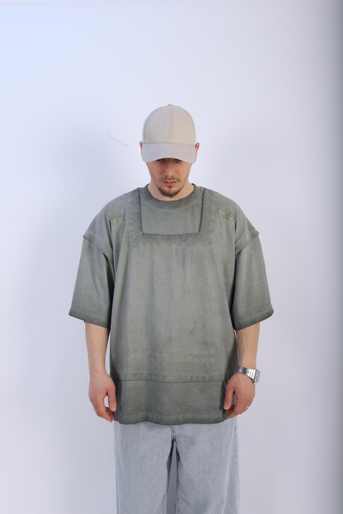 Fundayz Nakışlı Acid Wash Yeşil Oversize Tshirt T940