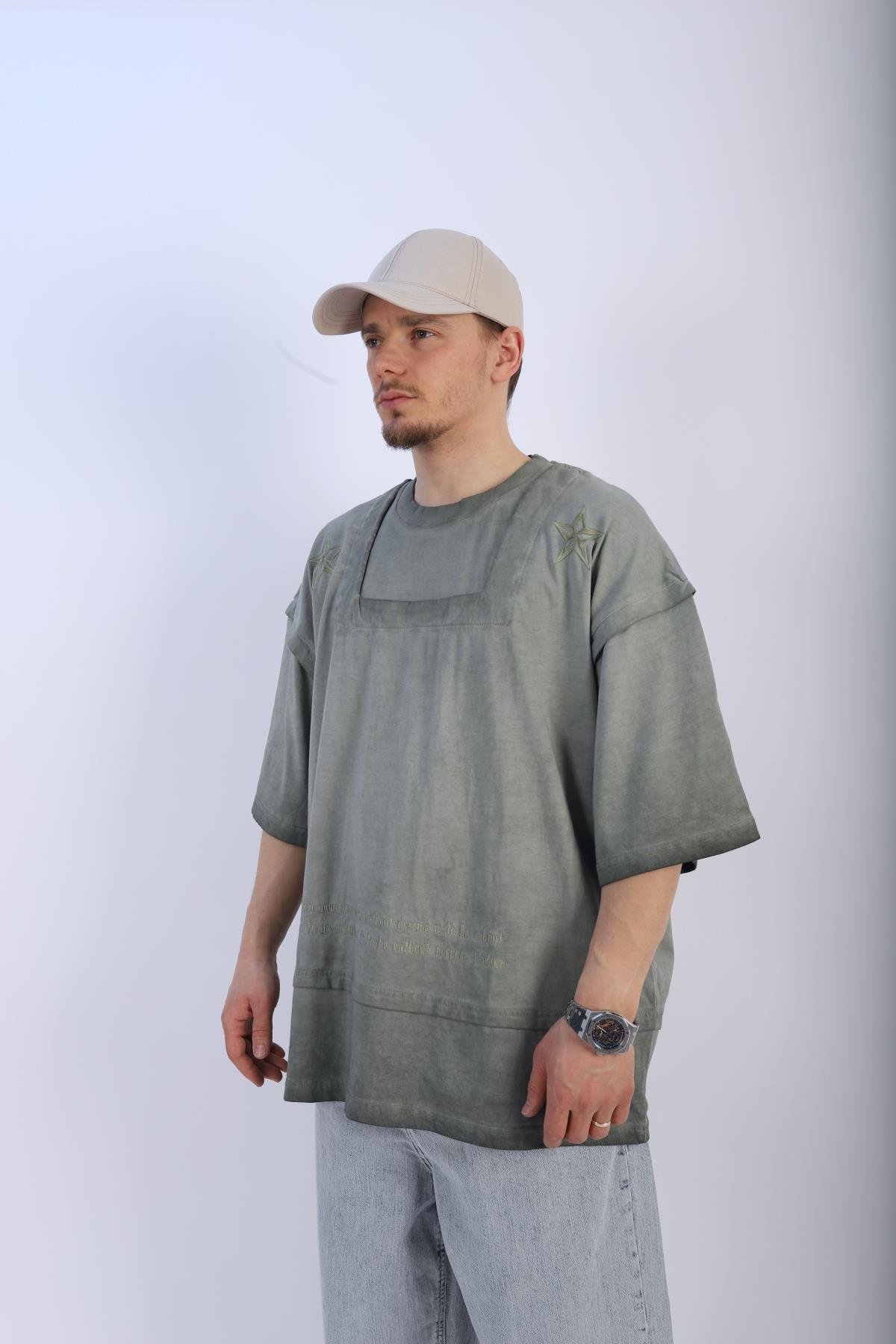 Fundayz Nakışlı Acid Wash Yeşil Oversize Tshirt T940