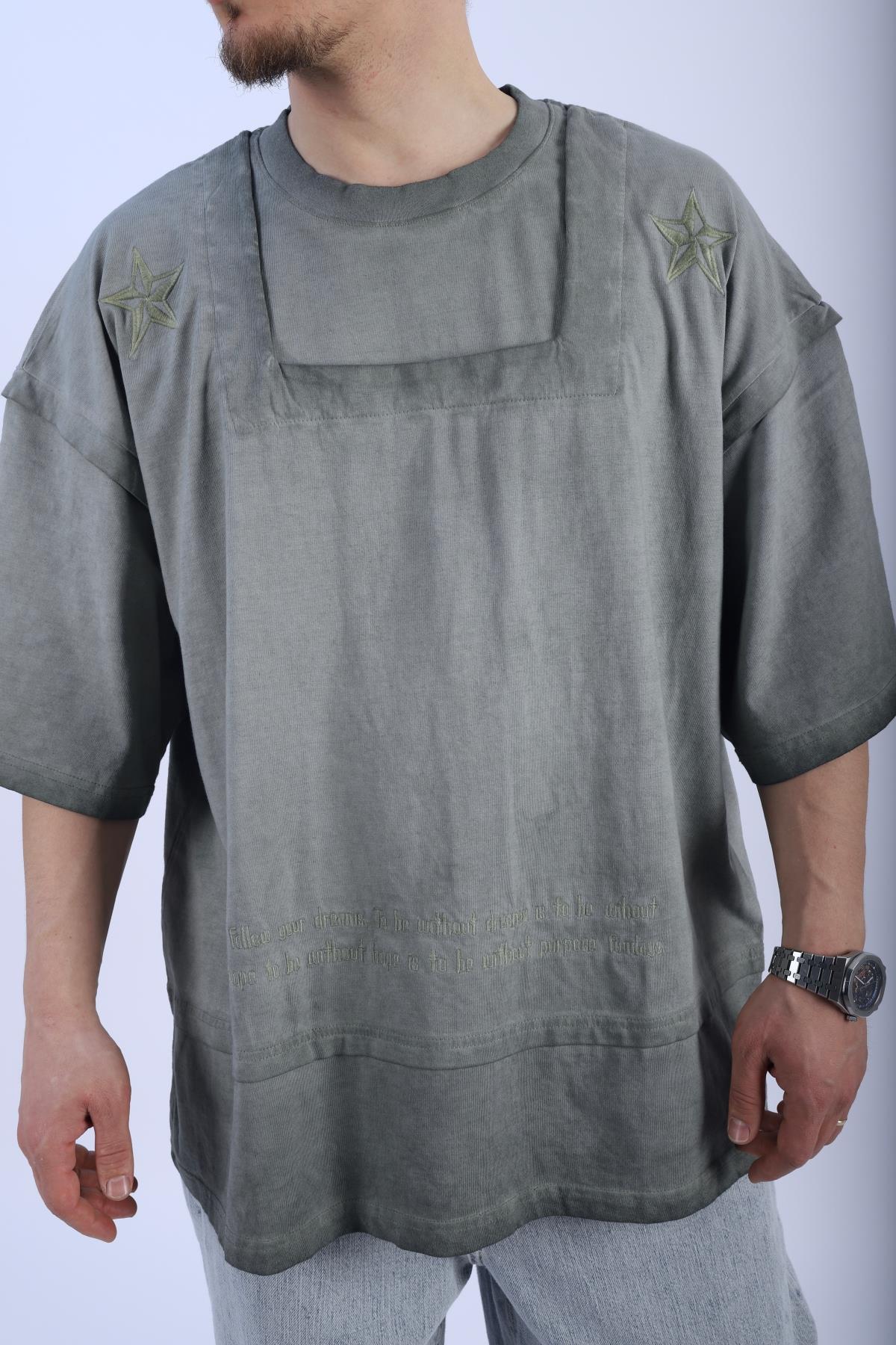 Fundayz Nakışlı Acid Wash Yeşil Oversize Tshirt T940