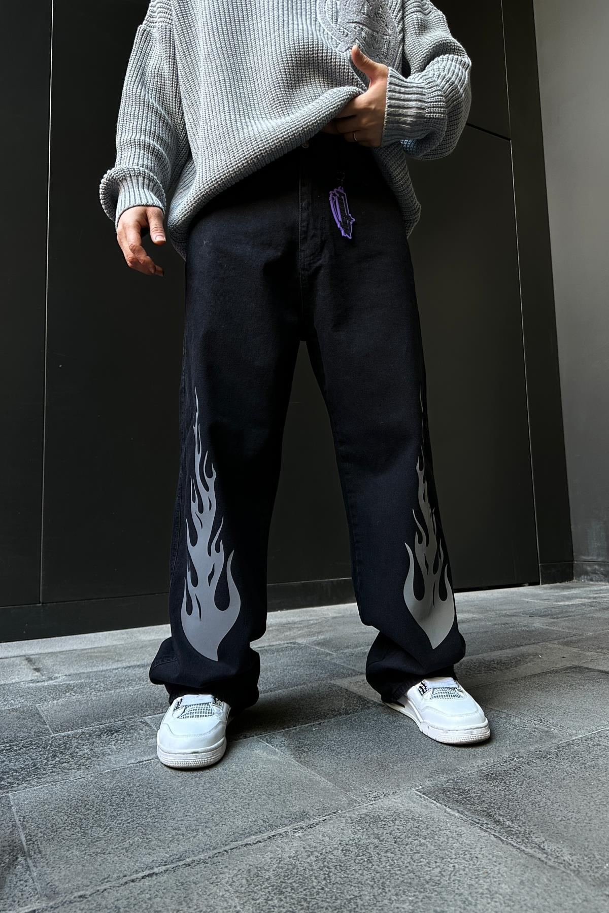 Fundayz Reflektif Alev Baskılı Siyah Baggy Jean Pantolon P859