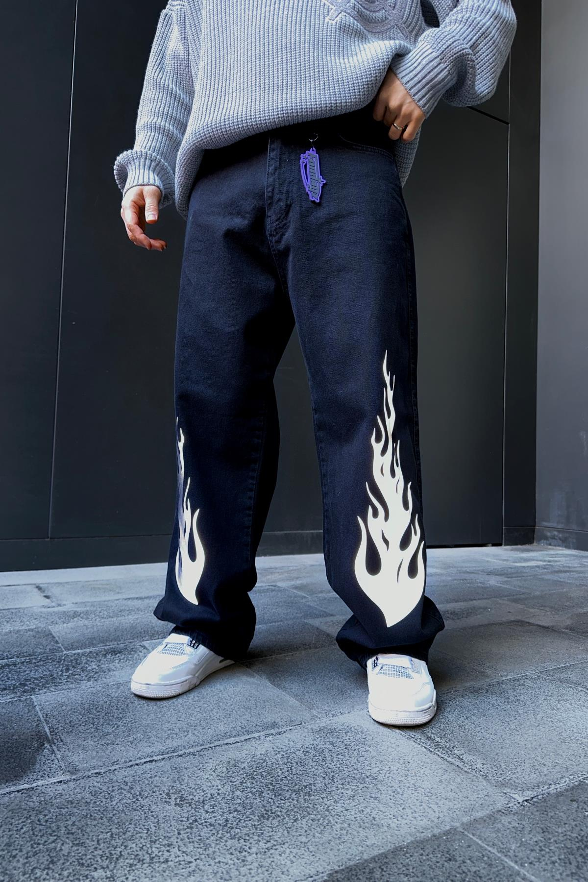 Fundayz Reflektif Alev Baskılı Siyah Baggy Jean Pantolon P859
