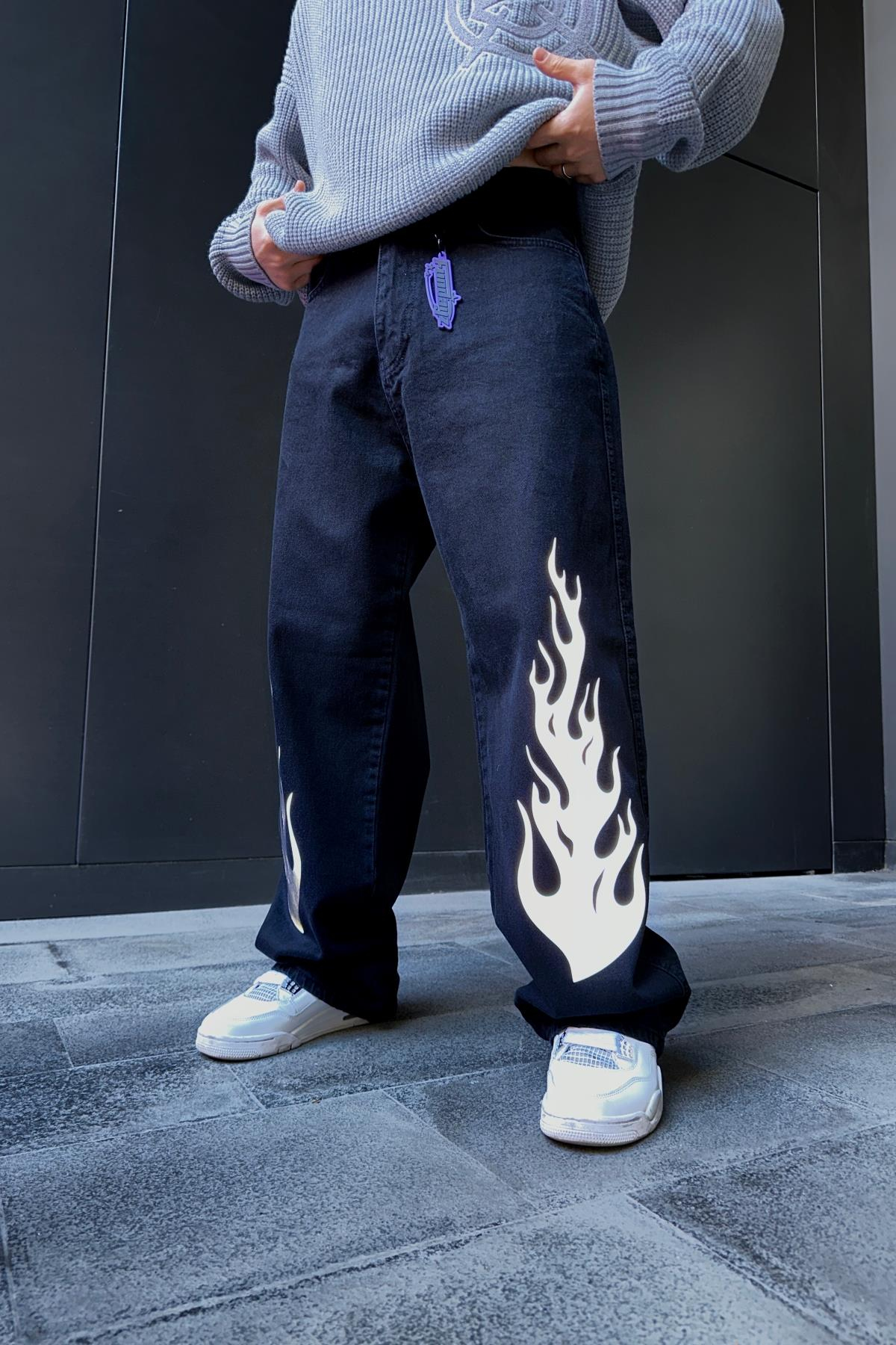 Fundayz Reflektif Alev Baskılı Siyah Baggy Jean Pantolon P859
