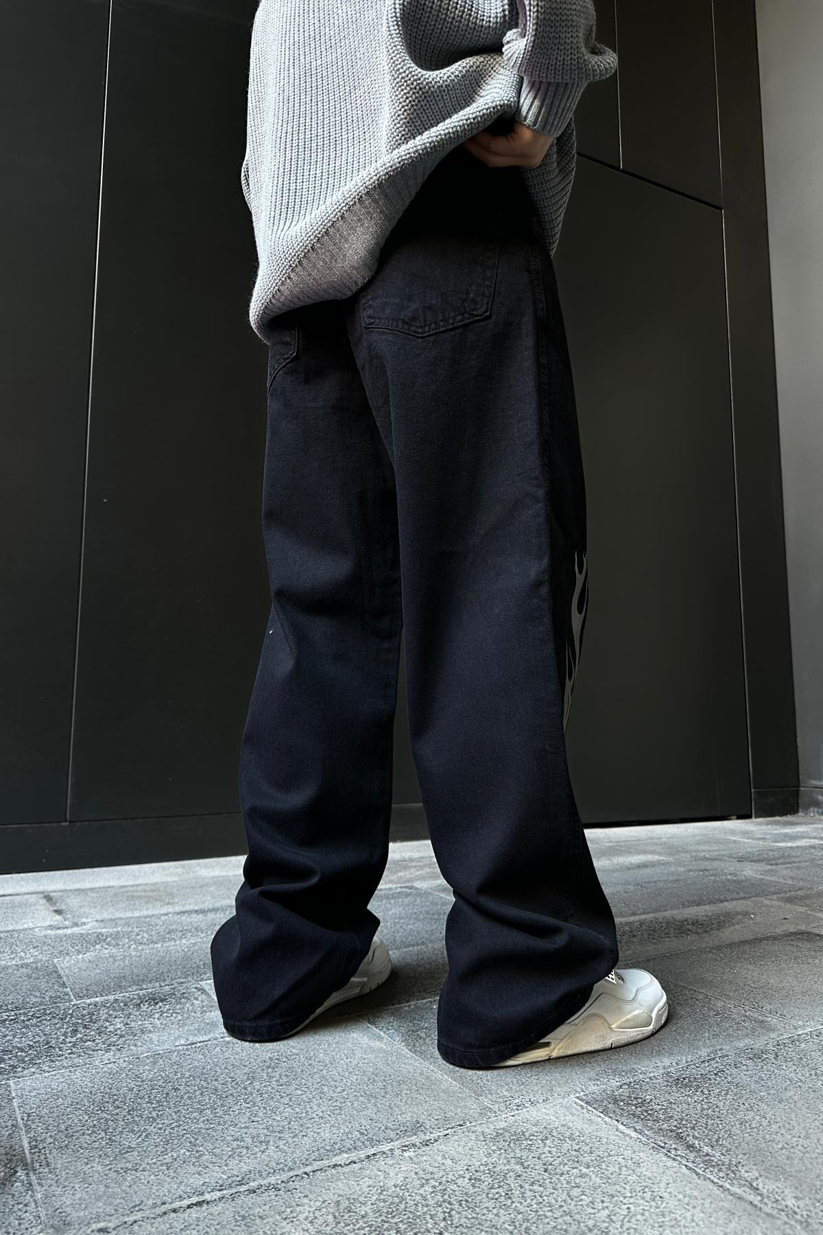 Fundayz Reflektif Alev Baskılı Siyah Baggy Jean Pantolon P859