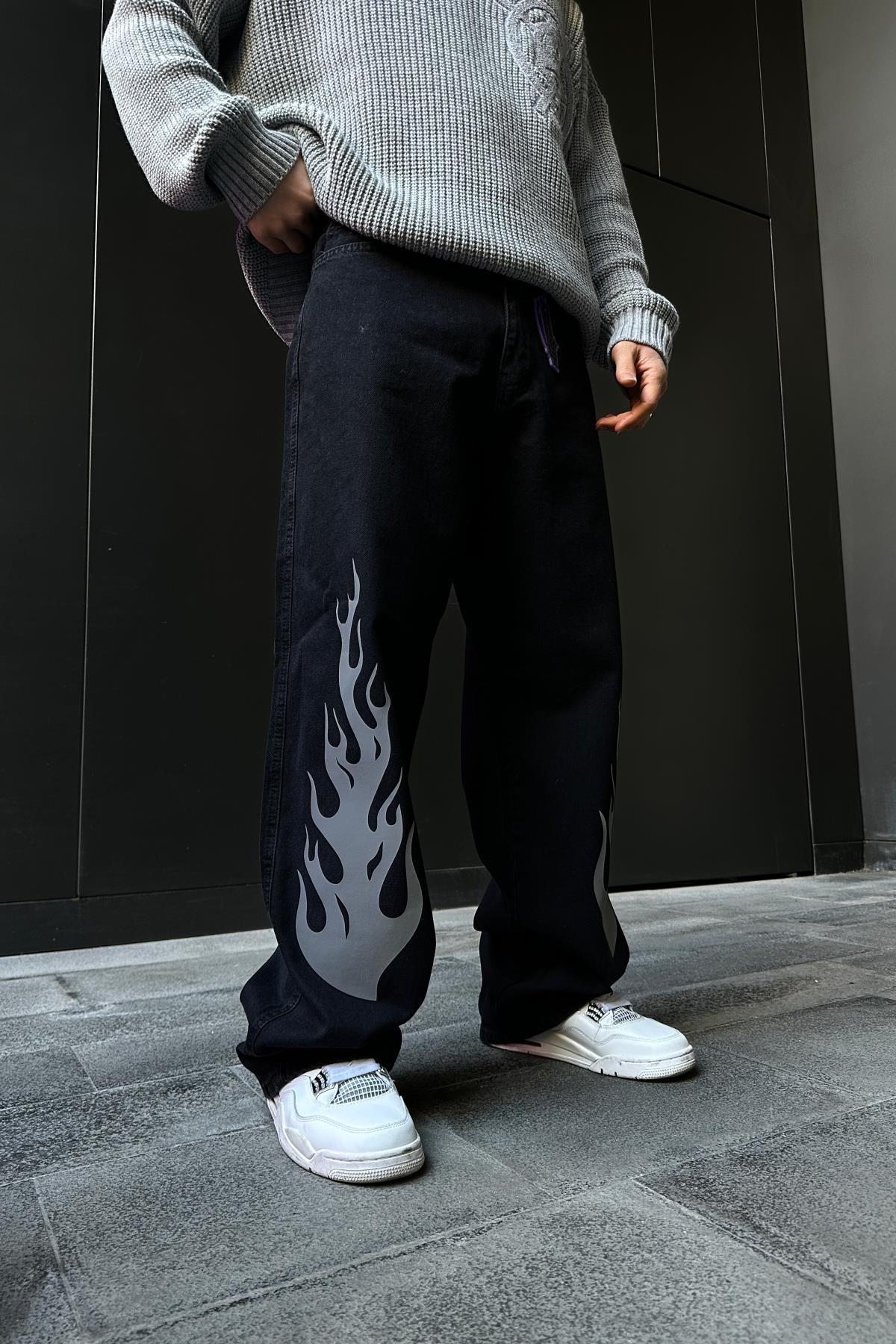 Fundayz Reflektif Alev Baskılı Siyah Baggy Jean Pantolon P859
