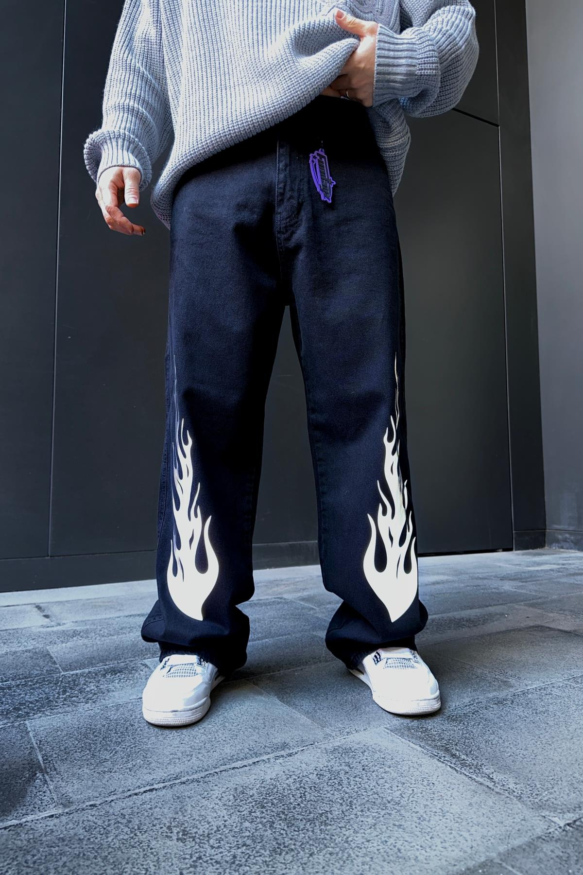 Fundayz Reflektif Alev Baskılı Siyah Baggy Jean Pantolon P859