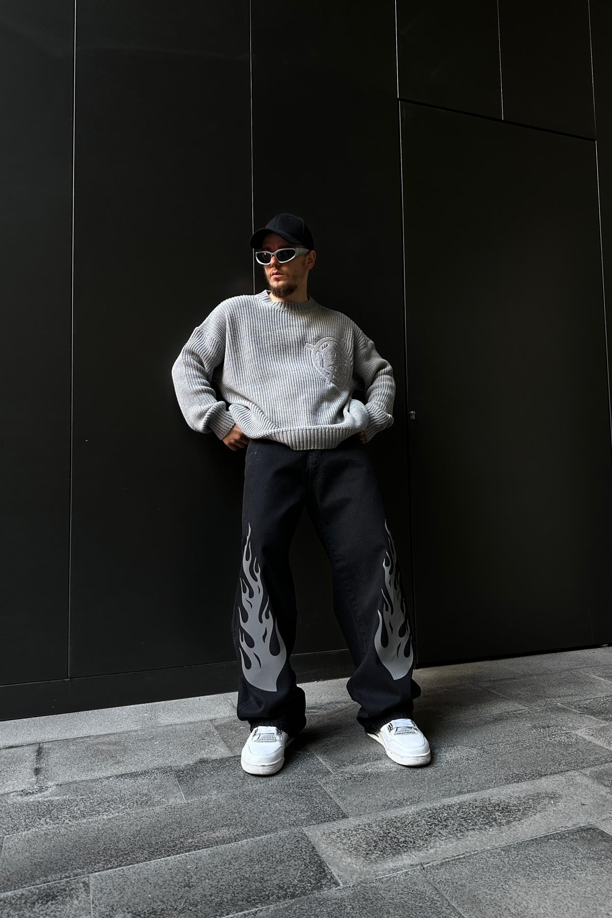Fundayz Reflektif Alev Baskılı Siyah Baggy Jean Pantolon P859