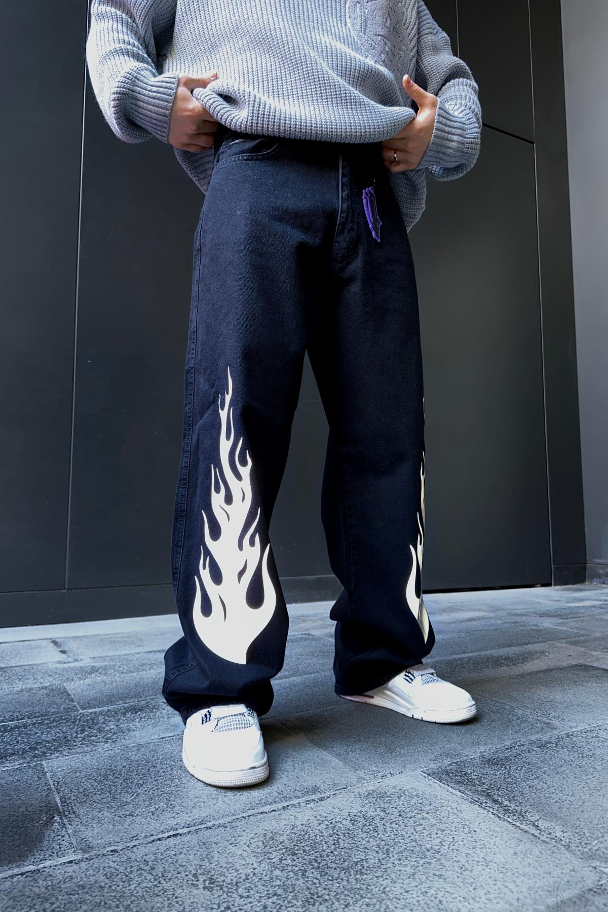 Fundayz Reflektif Alev Baskılı Siyah Baggy Jean Pantolon P859