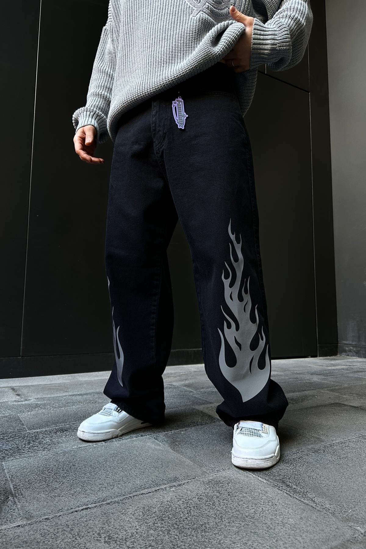 Fundayz Reflektif Alev Baskılı Siyah Baggy Jean Pantolon P859