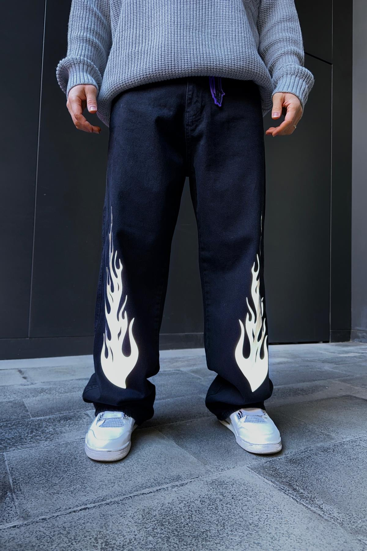 Fundayz Reflektif Alev Baskılı Siyah Baggy Jean Pantolon P859