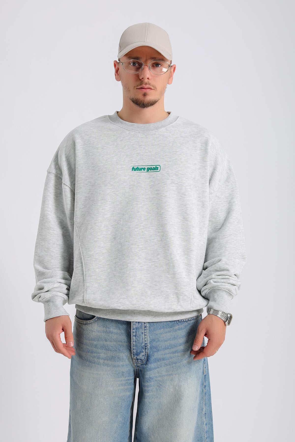 Future Kabartma Baskılı Gri Melanj Oversize Sweatshirt SW1134