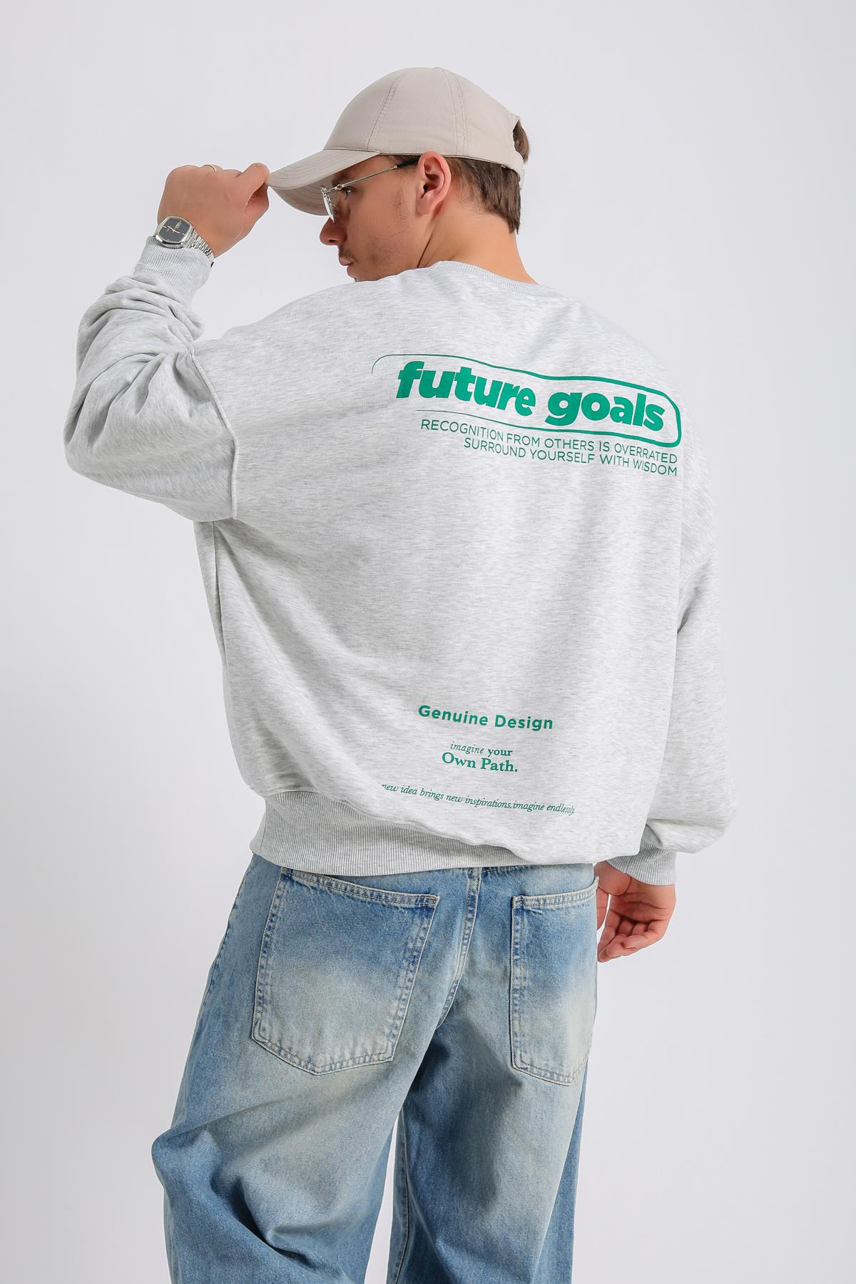 Future Kabartma Baskılı Gri Melanj Oversize Sweatshirt SW1134