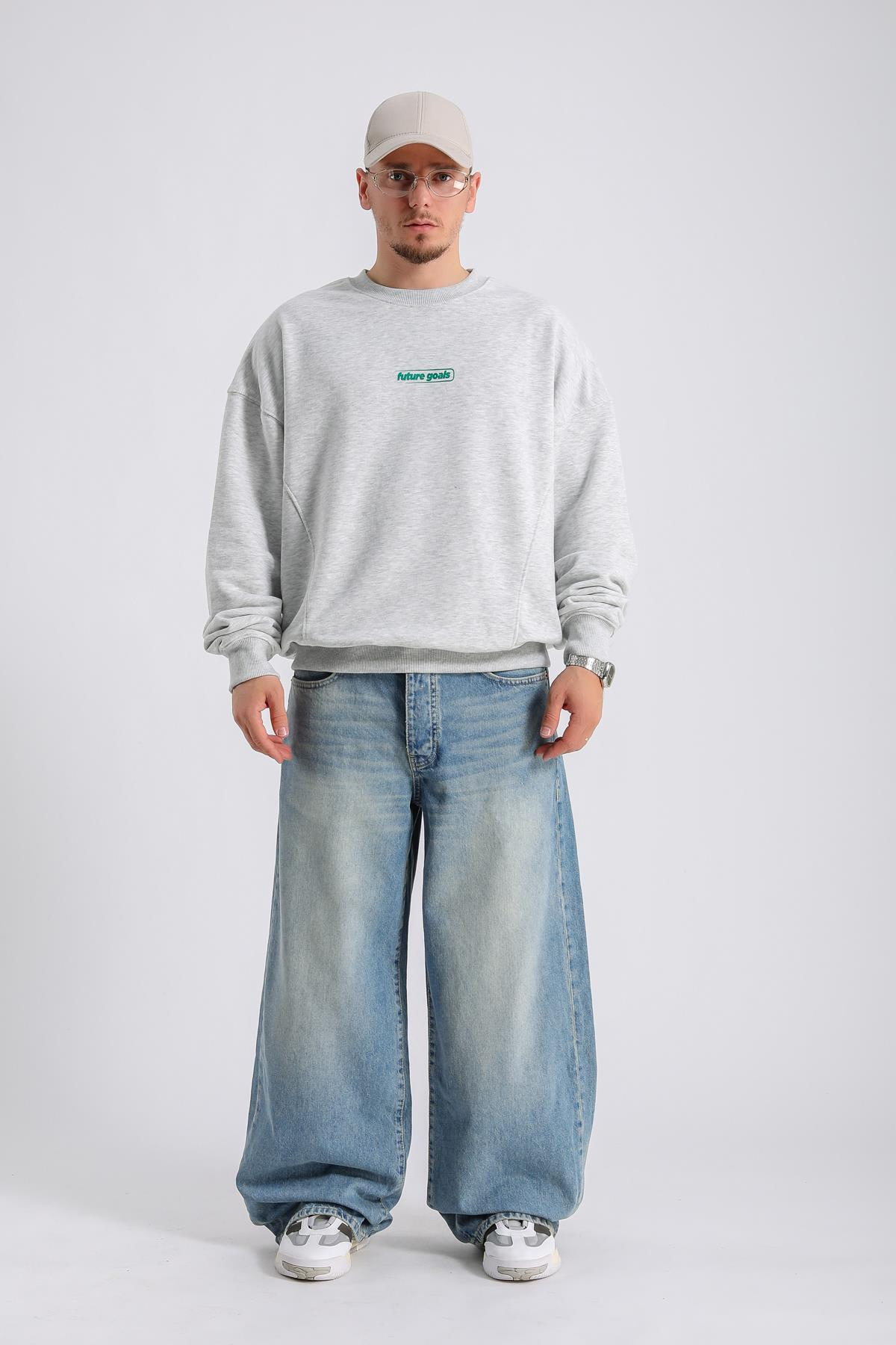 Future Kabartma Baskılı Gri Melanj Oversize Sweatshirt SW1134