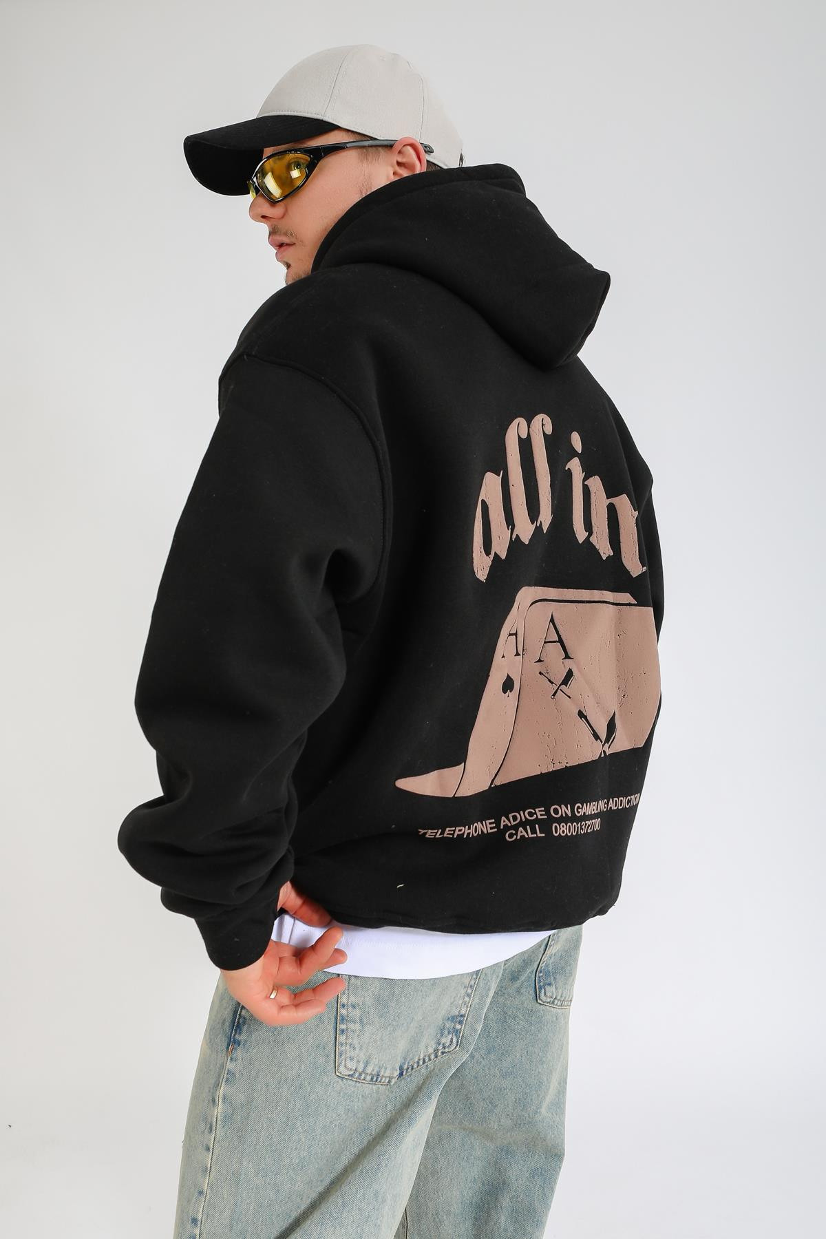 Gamble Baskılı Siyah Oversize Hoodie SW1359