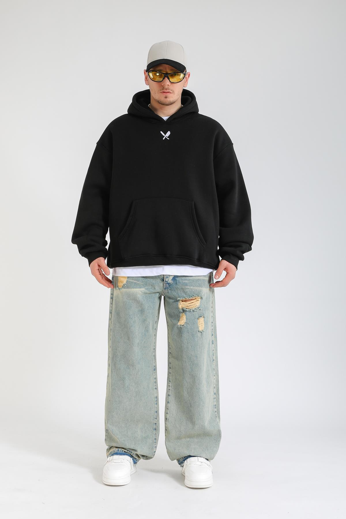 Gamble Baskılı Siyah Oversize Hoodie SW1359
