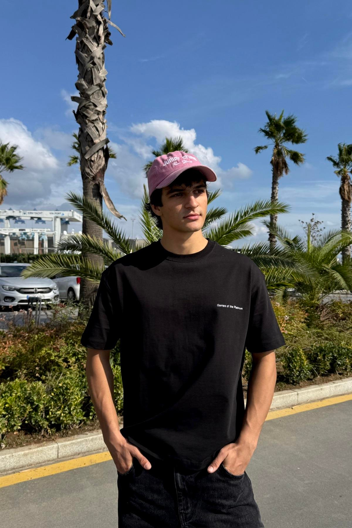 Games Baskılı Siyah Oversize Tshirt