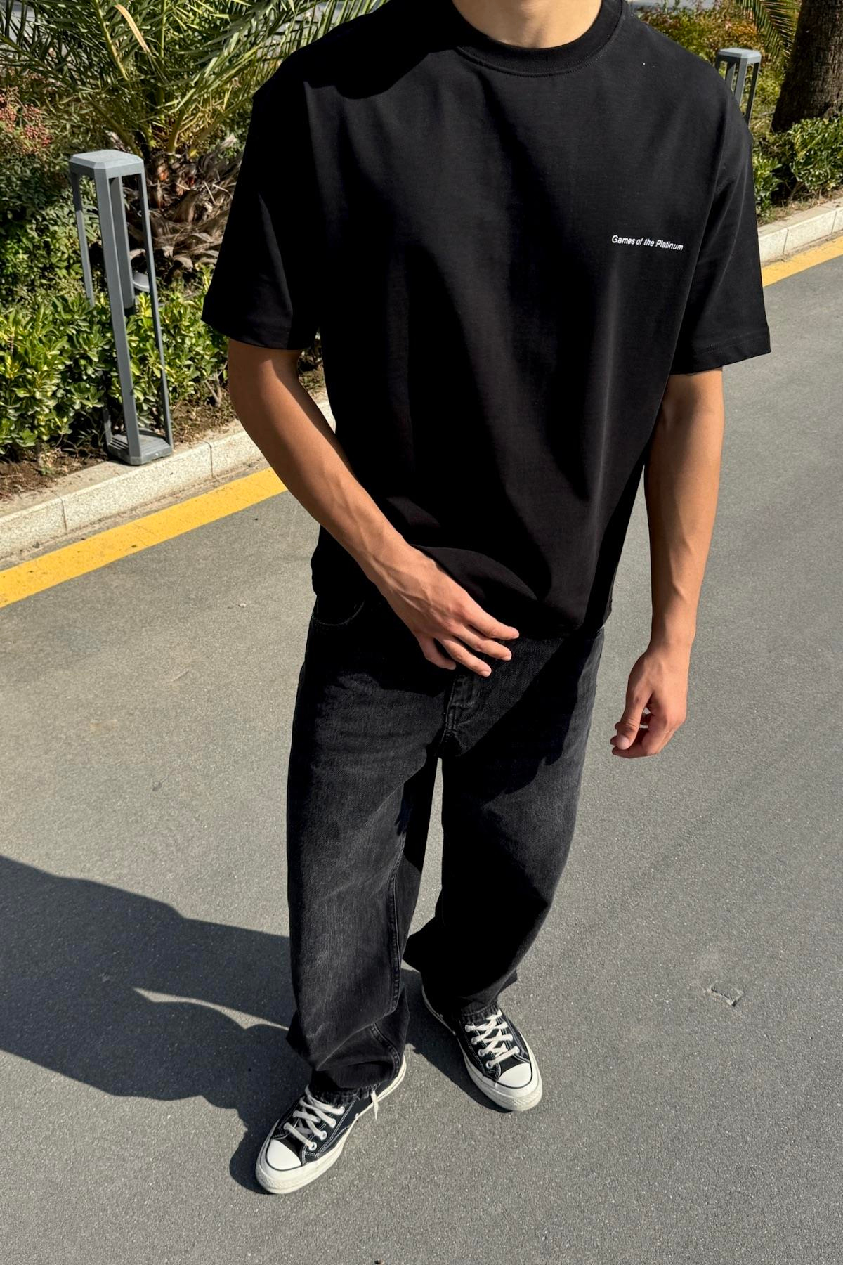 Games Baskılı Siyah Oversize Tshirt